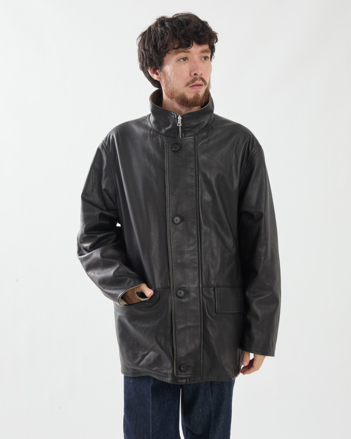 REVERSIBLE WOOL TWISTED TWILL / SHEEP LEATHER HALF COAT