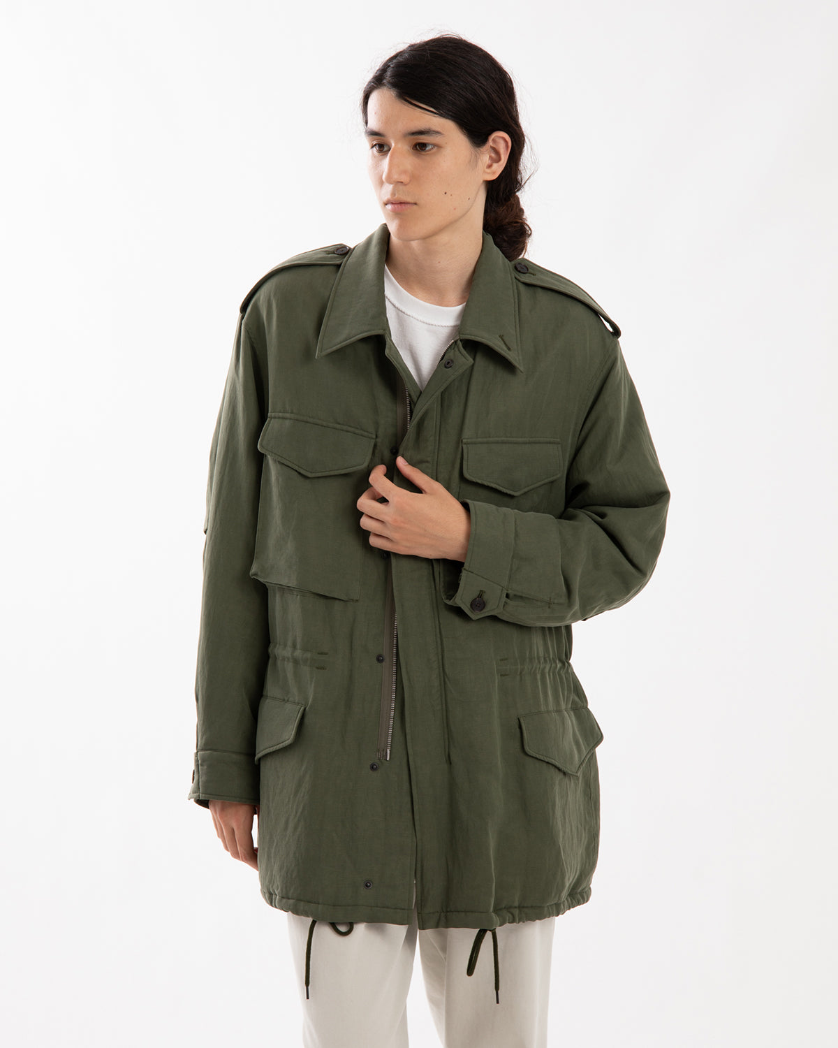 BRUSHED SILK LINEN SATIN PADDED MILITARY BLOUSON