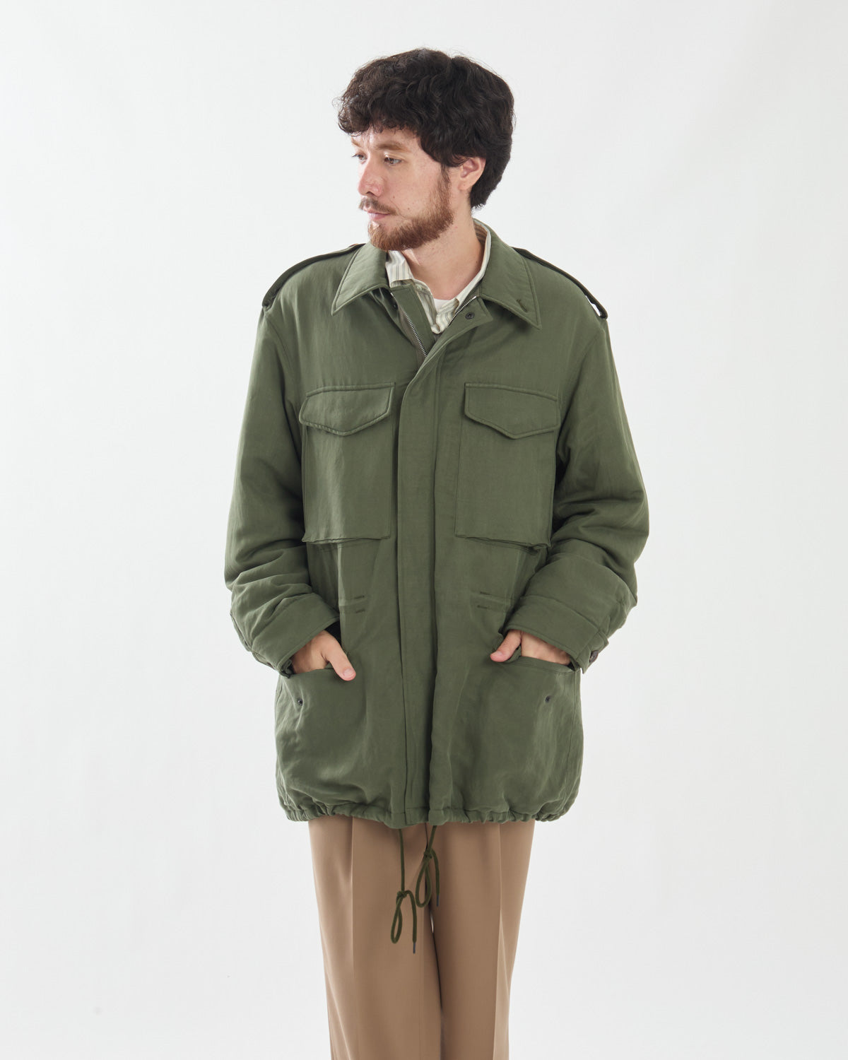 BRUSHED SILK LINEN SATIN PADDED MILITARY BLOUSON