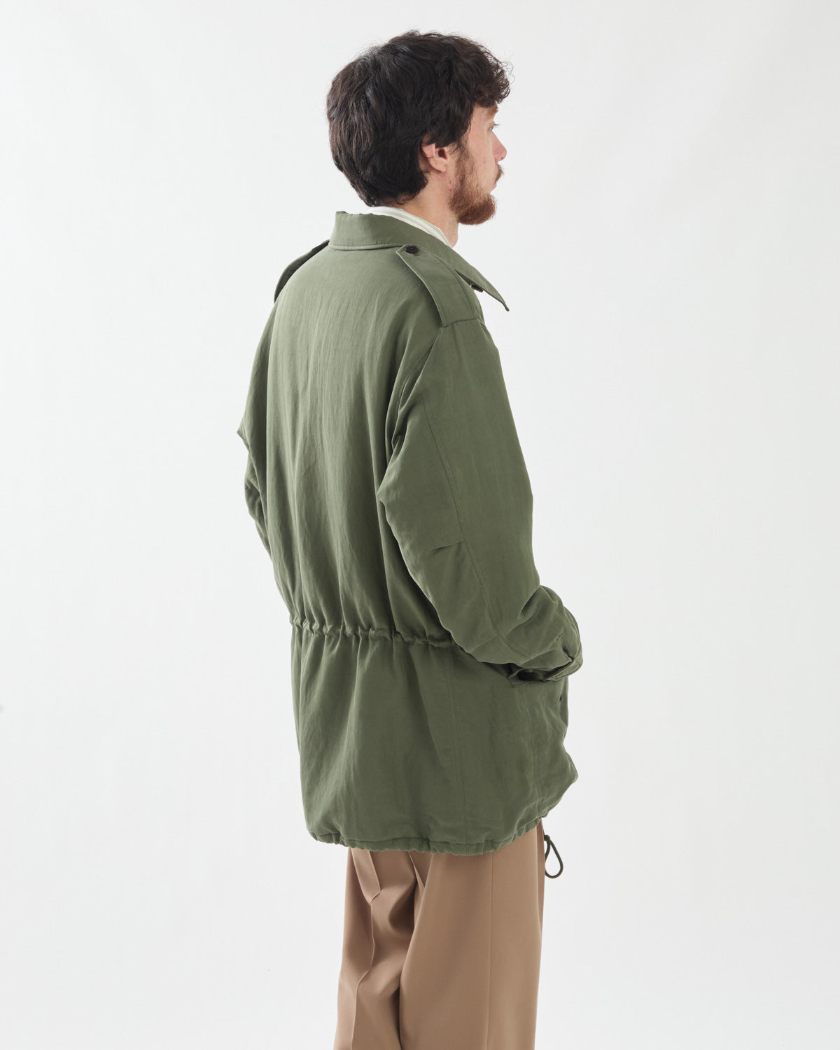 BRUSHED SILK LINEN SATIN PADDED MILITARY BLOUSON