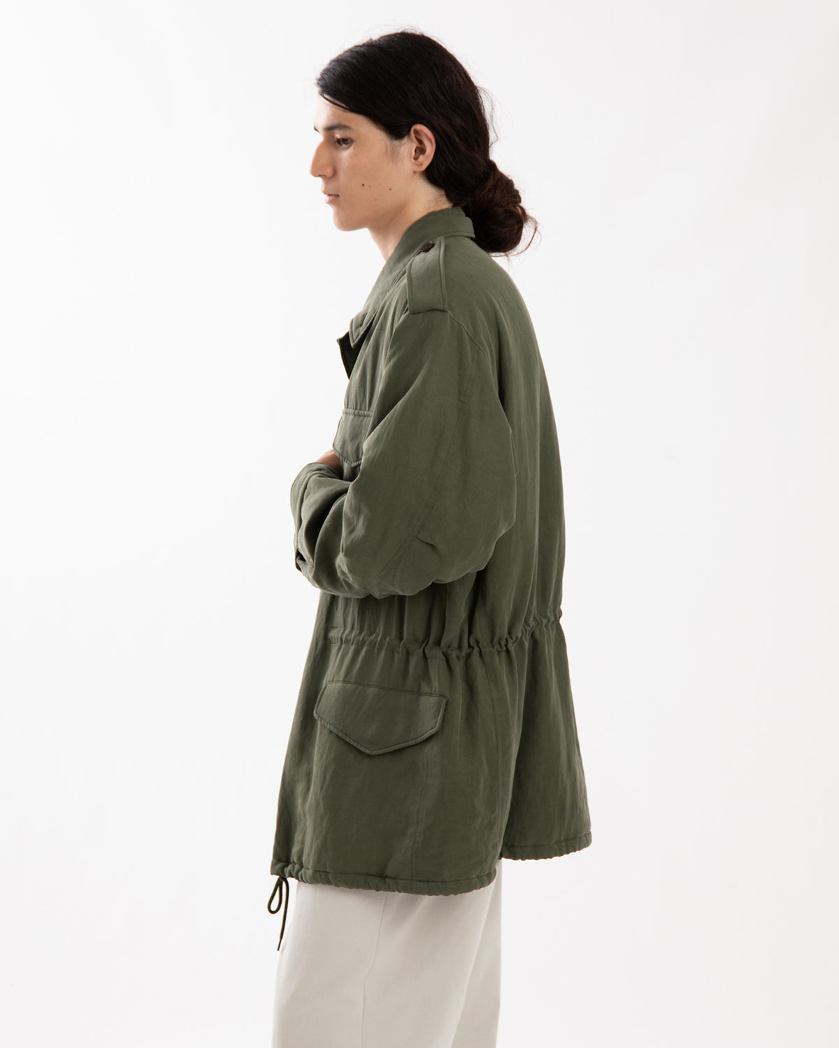 BRUSHED SILK LINEN SATIN PADDED MILITARY BLOUSON
