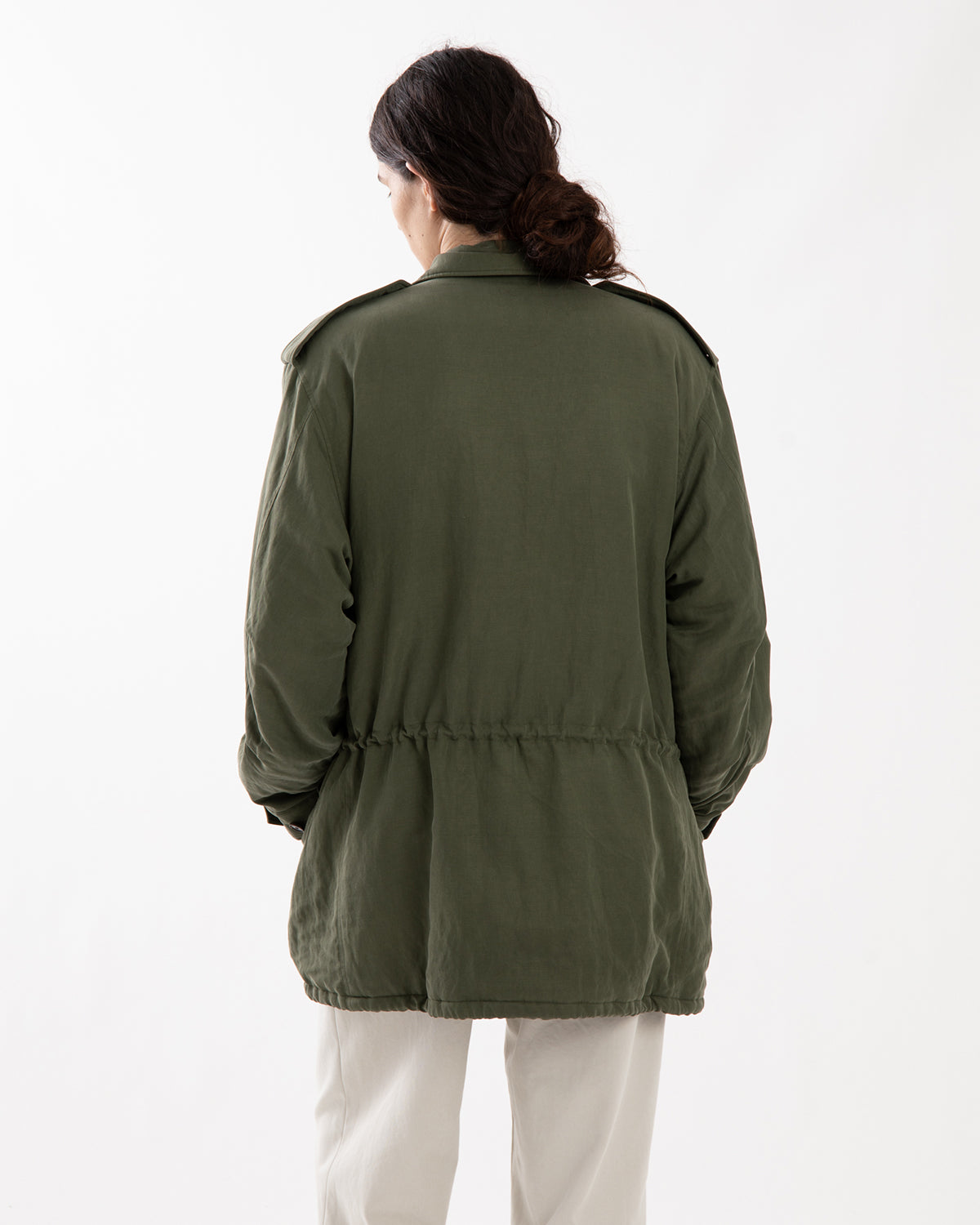 BRUSHED SILK LINEN SATIN PADDED MILITARY BLOUSON