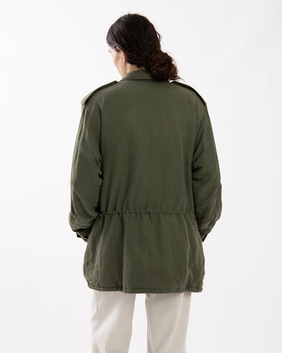 BRUSHED SILK LINEN SATIN PADDED MILITARY BLOUSON
