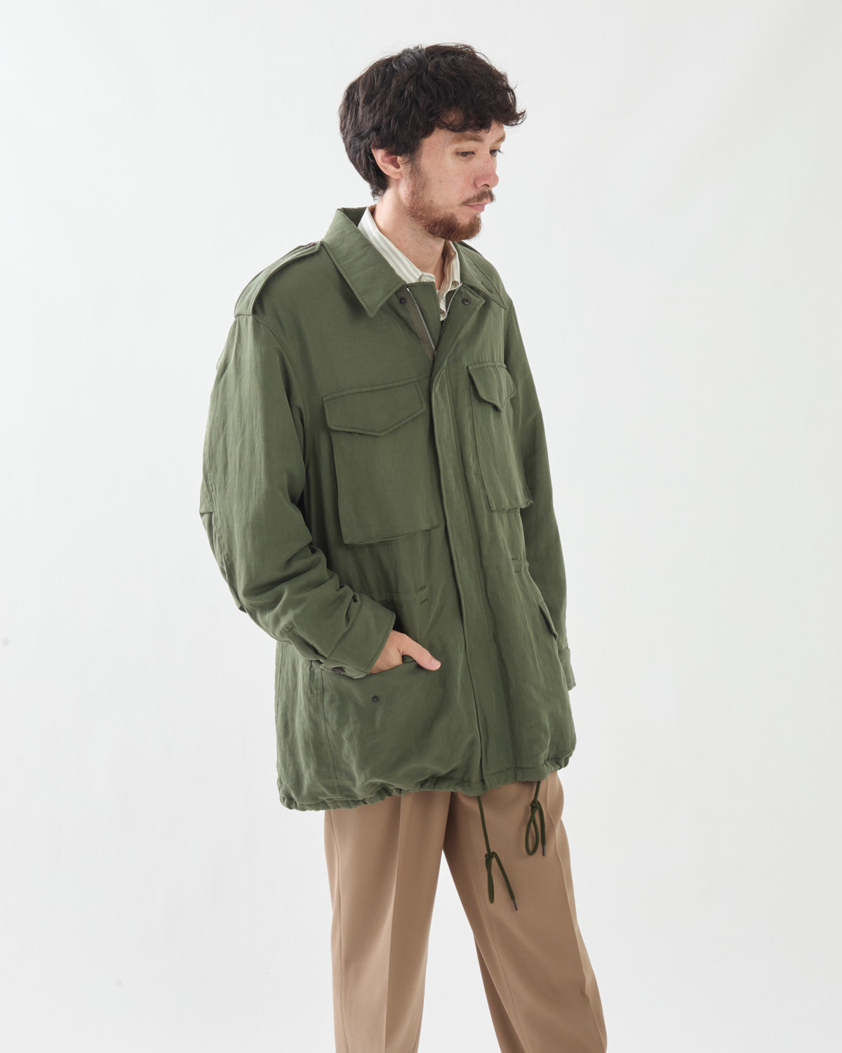 BRUSHED SILK LINEN SATIN PADDED MILITARY BLOUSON