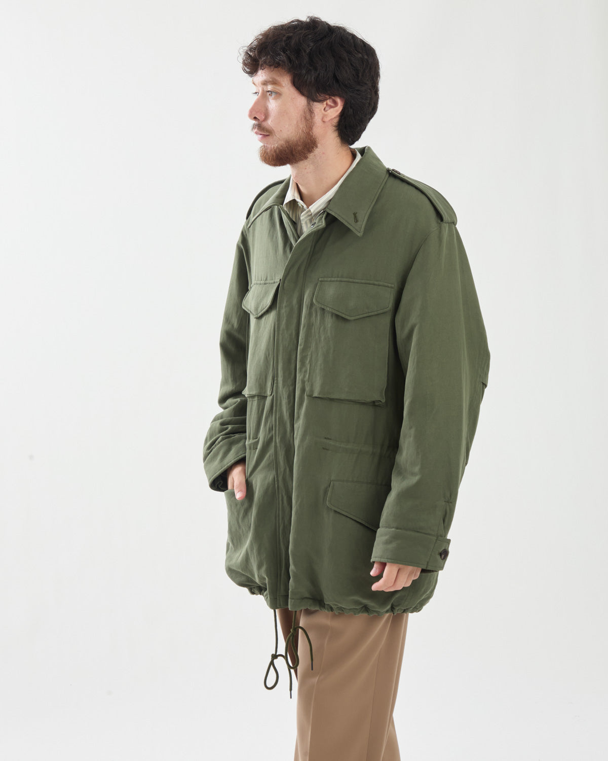 BRUSHED SILK LINEN SATIN PADDED MILITARY BLOUSON