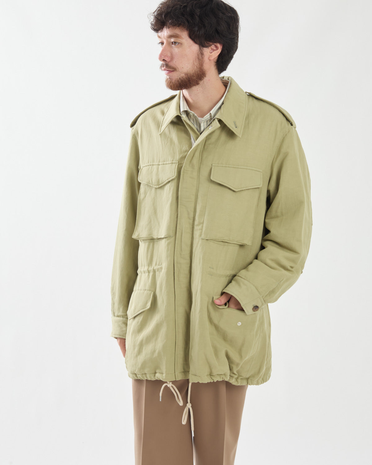 BRUSHED SILK LINEN SATIN PADDED MILITARY BLOUSON
