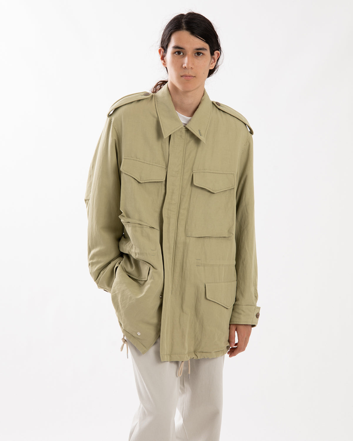 BRUSHED SILK LINEN SATIN PADDED MILITARY BLOUSON