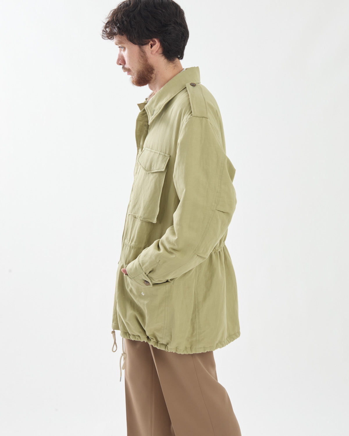BRUSHED SILK LINEN SATIN PADDED MILITARY BLOUSON