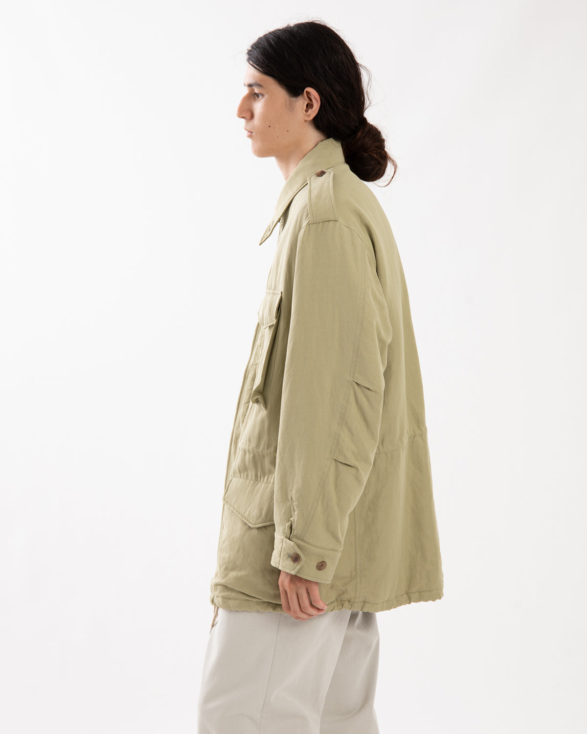 BRUSHED SILK LINEN SATIN PADDED MILITARY BLOUSON
