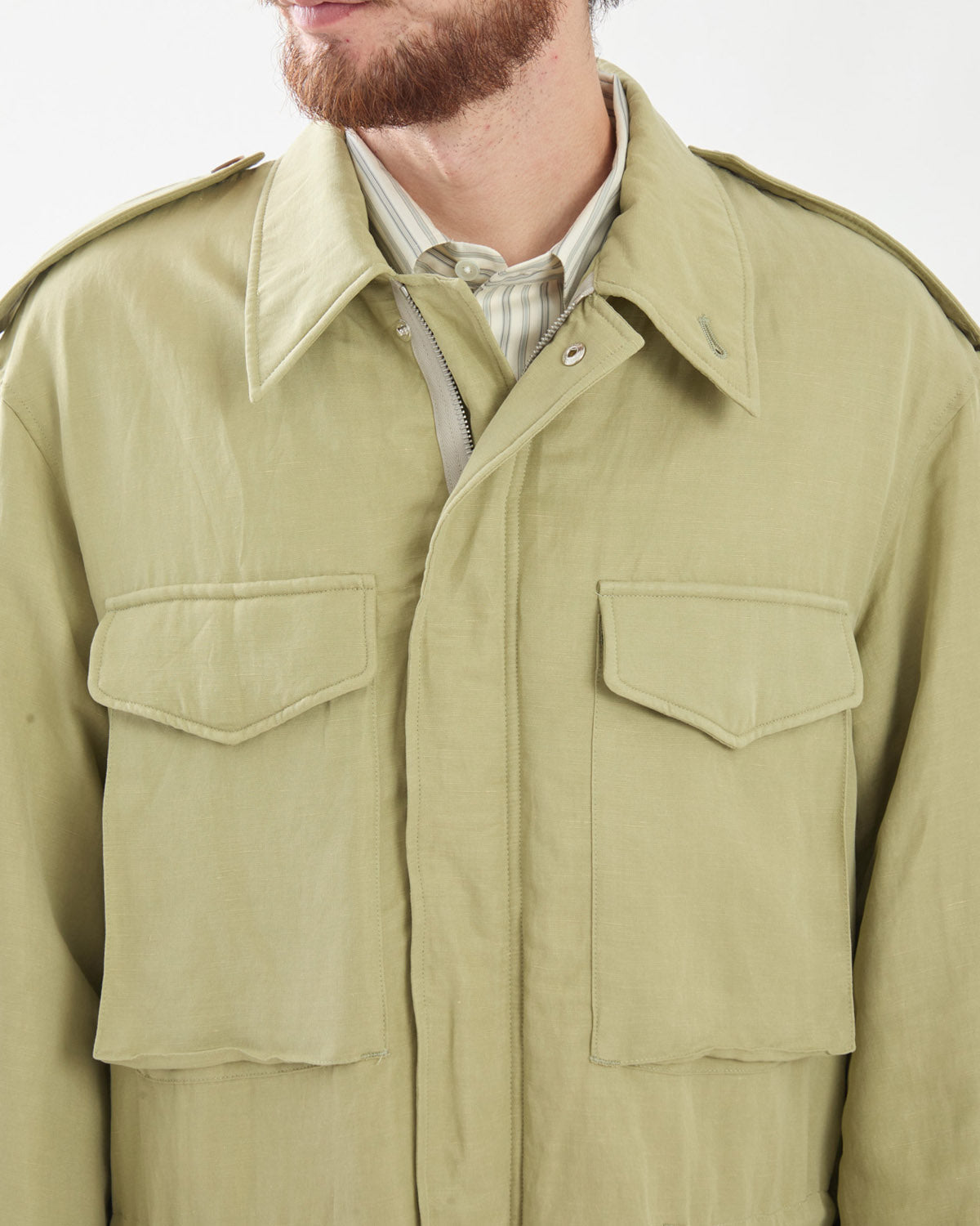 BRUSHED SILK LINEN SATIN PADDED MILITARY BLOUSON