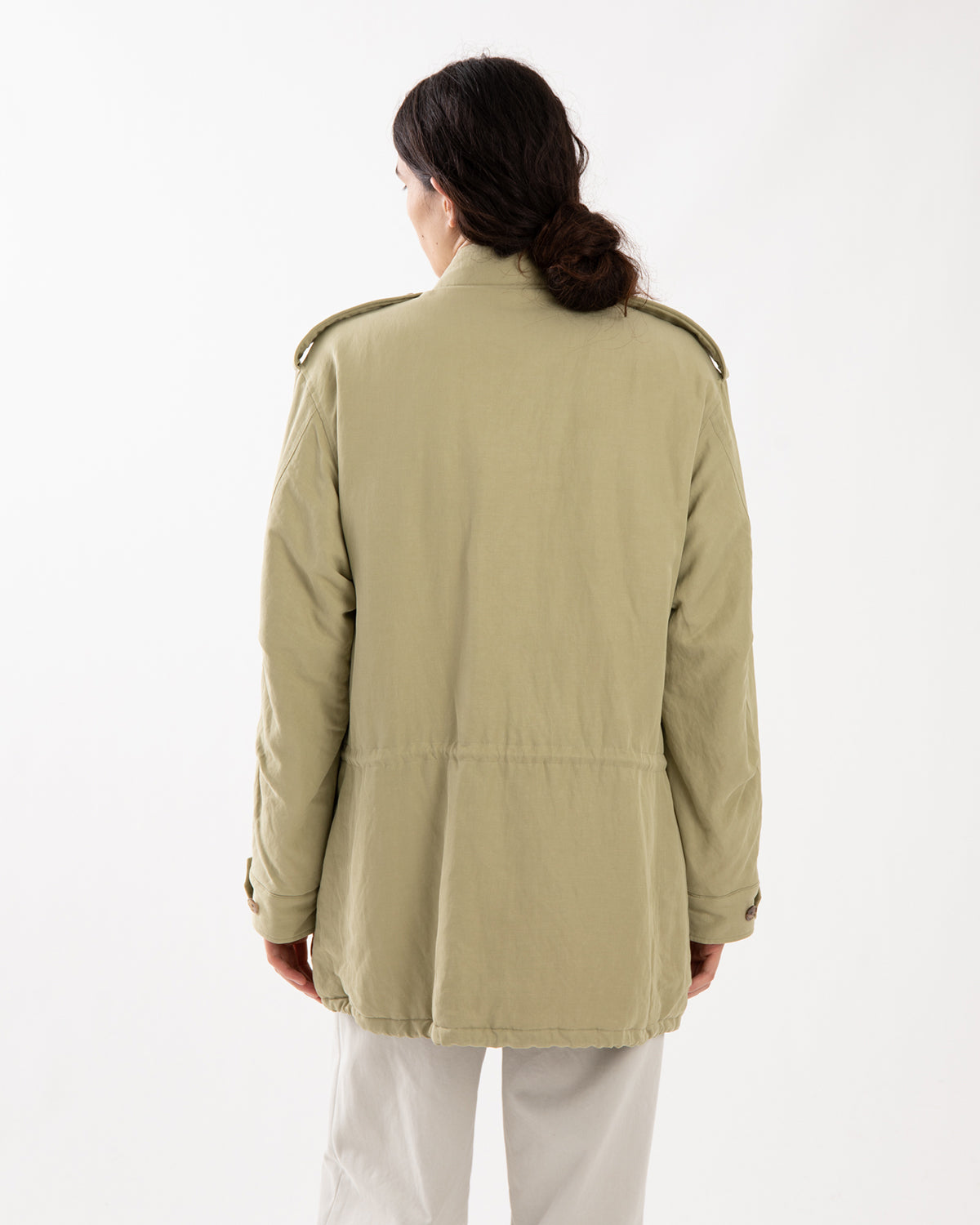 BRUSHED SILK LINEN SATIN PADDED MILITARY BLOUSON