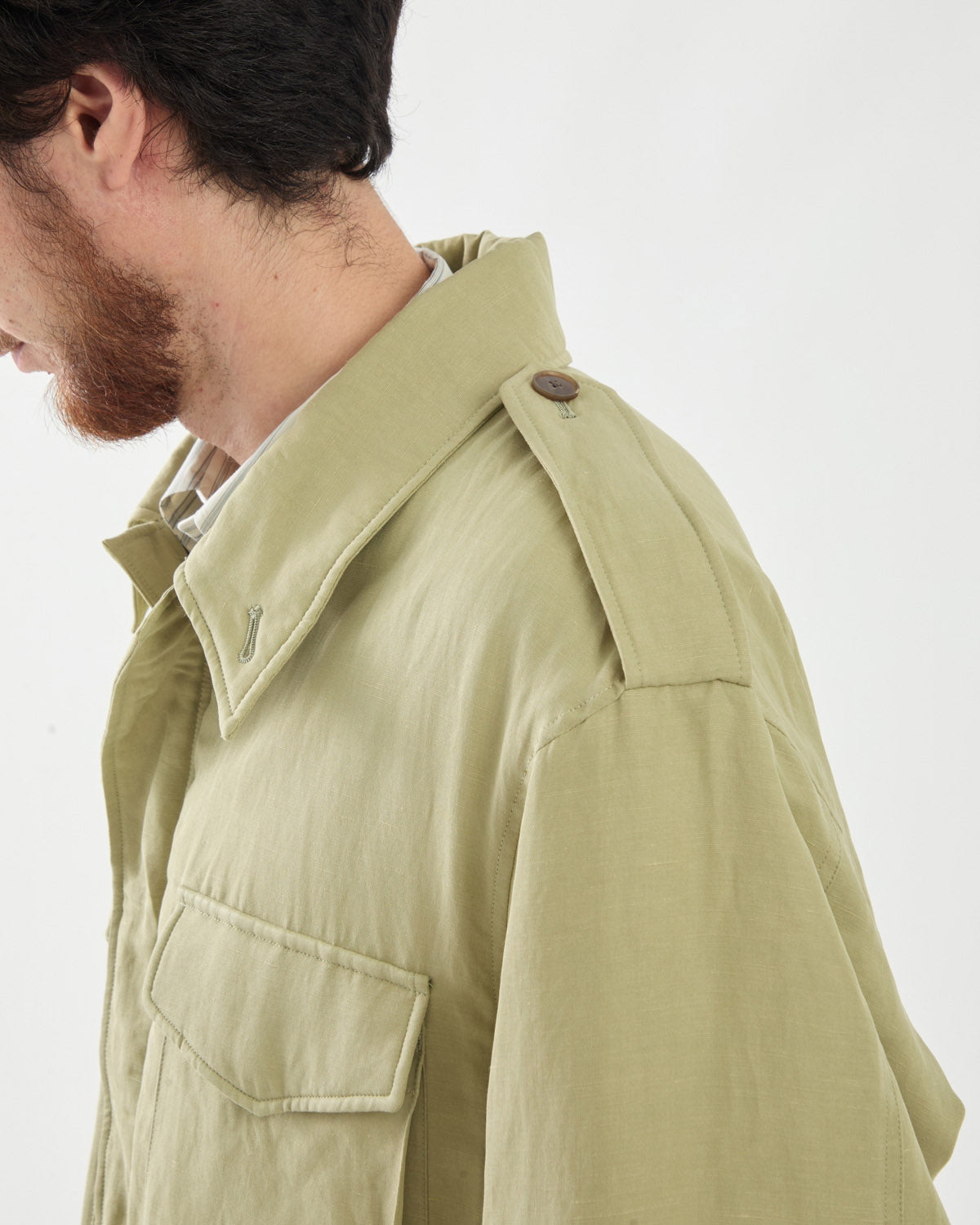 BRUSHED SILK LINEN SATIN PADDED MILITARY BLOUSON