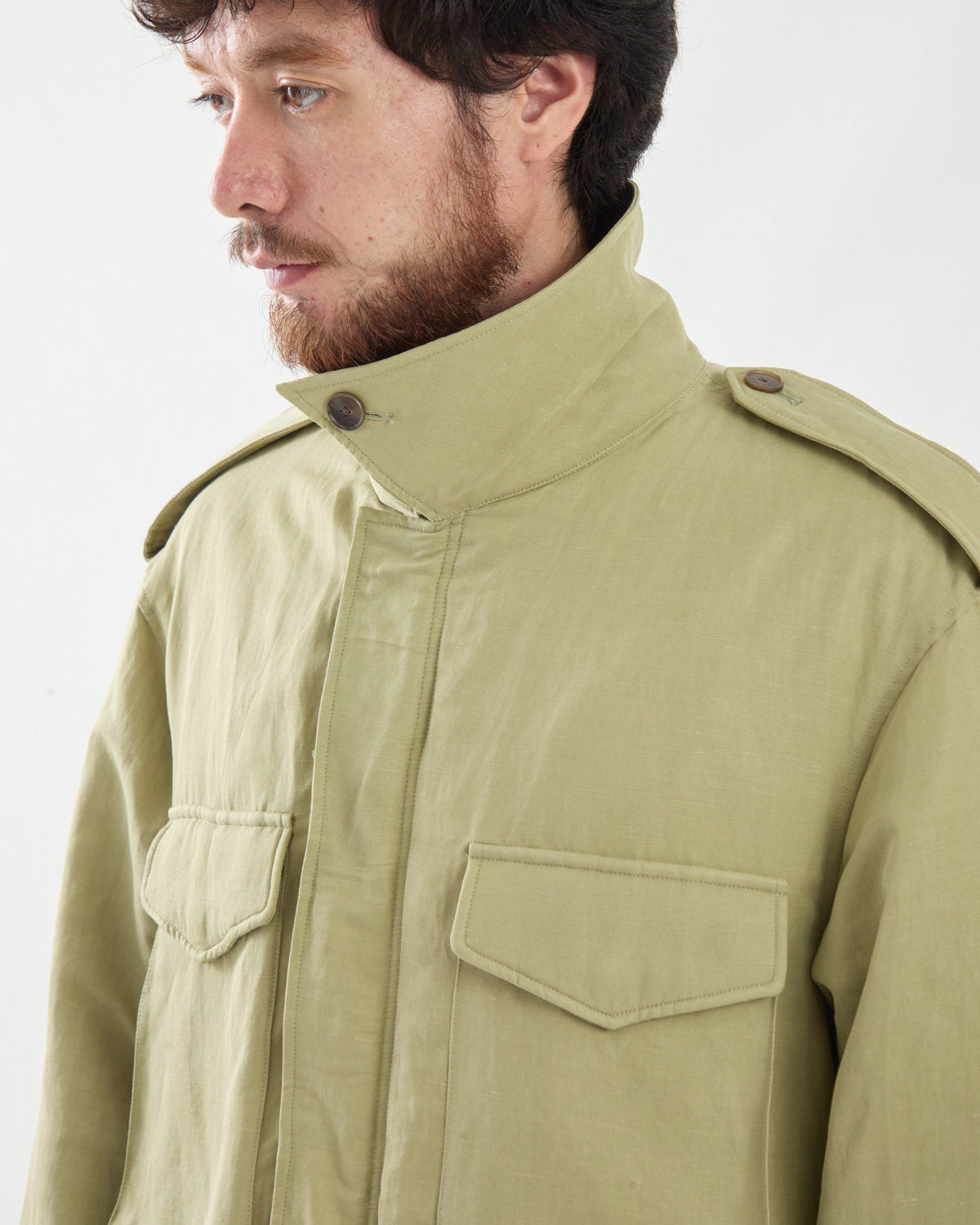 BRUSHED SILK LINEN SATIN PADDED MILITARY BLOUSON