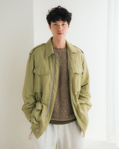 BRUSHED SILK LINEN SATIN PADDED MILITARY BLOUSON