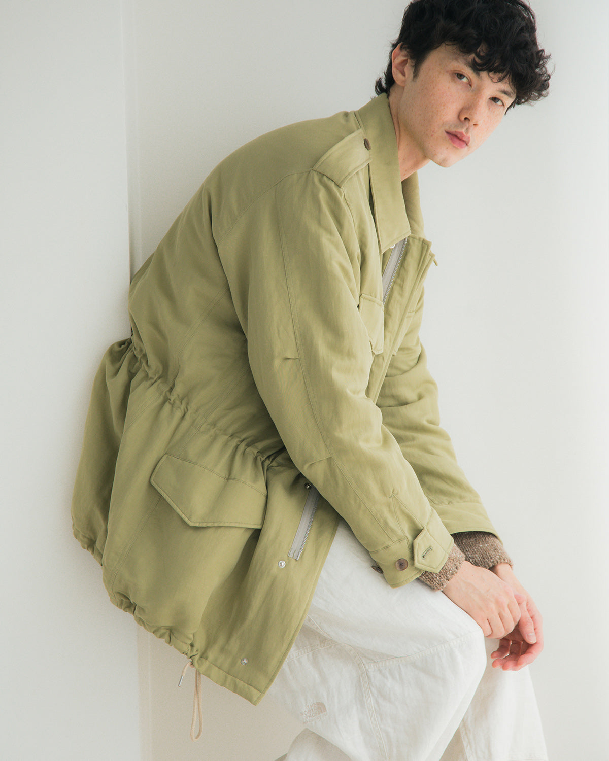 BRUSHED SILK LINEN SATIN PADDED MILITARY BLOUSON