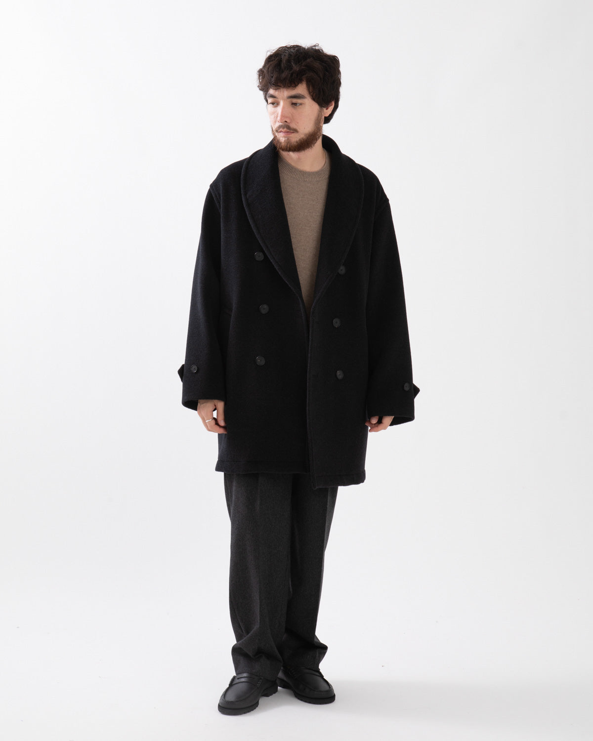 WOOL HERRINGBONE SHAWL COLLAR COAT