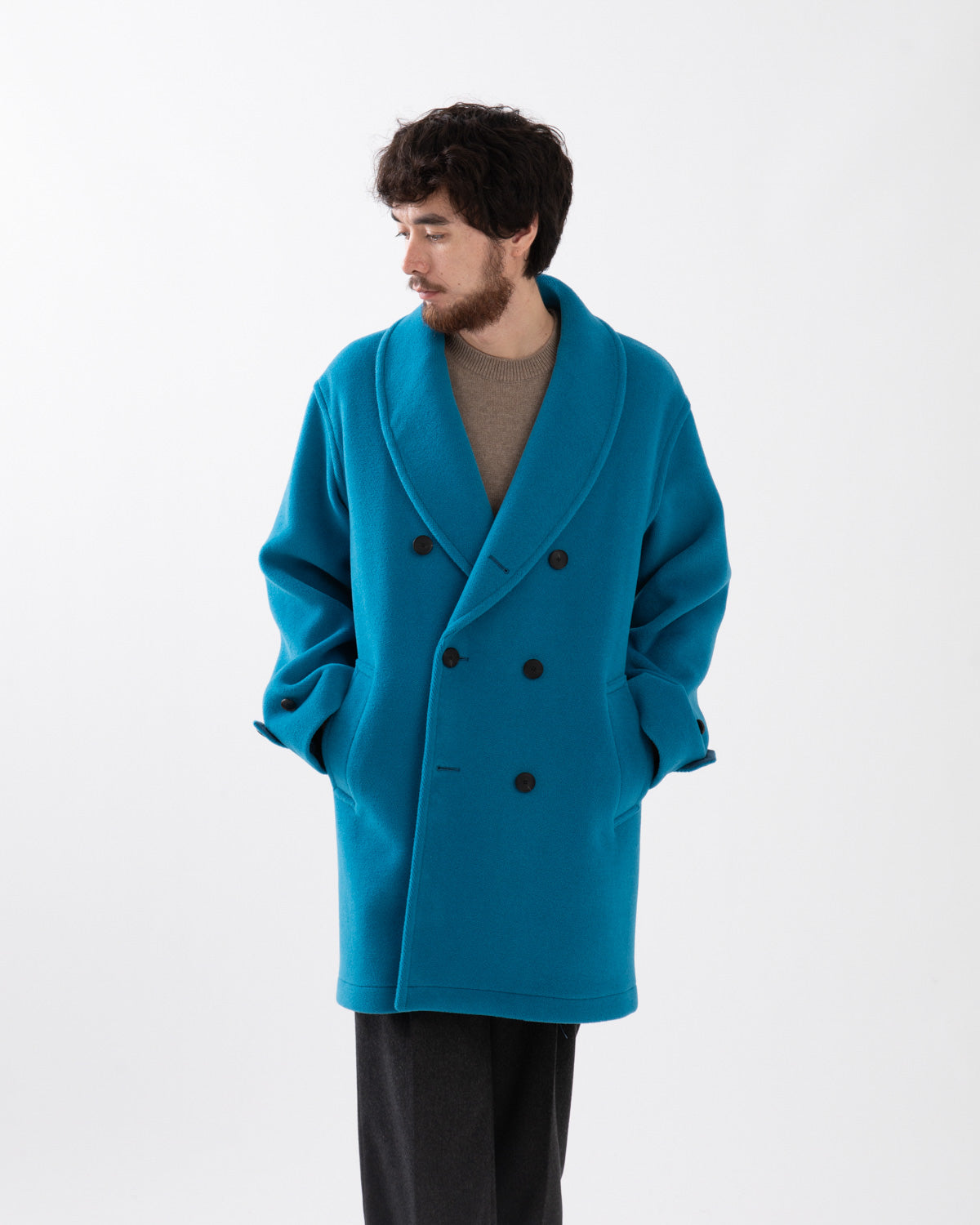 WOOL HERRINGBONE SHAWL COLLAR COAT