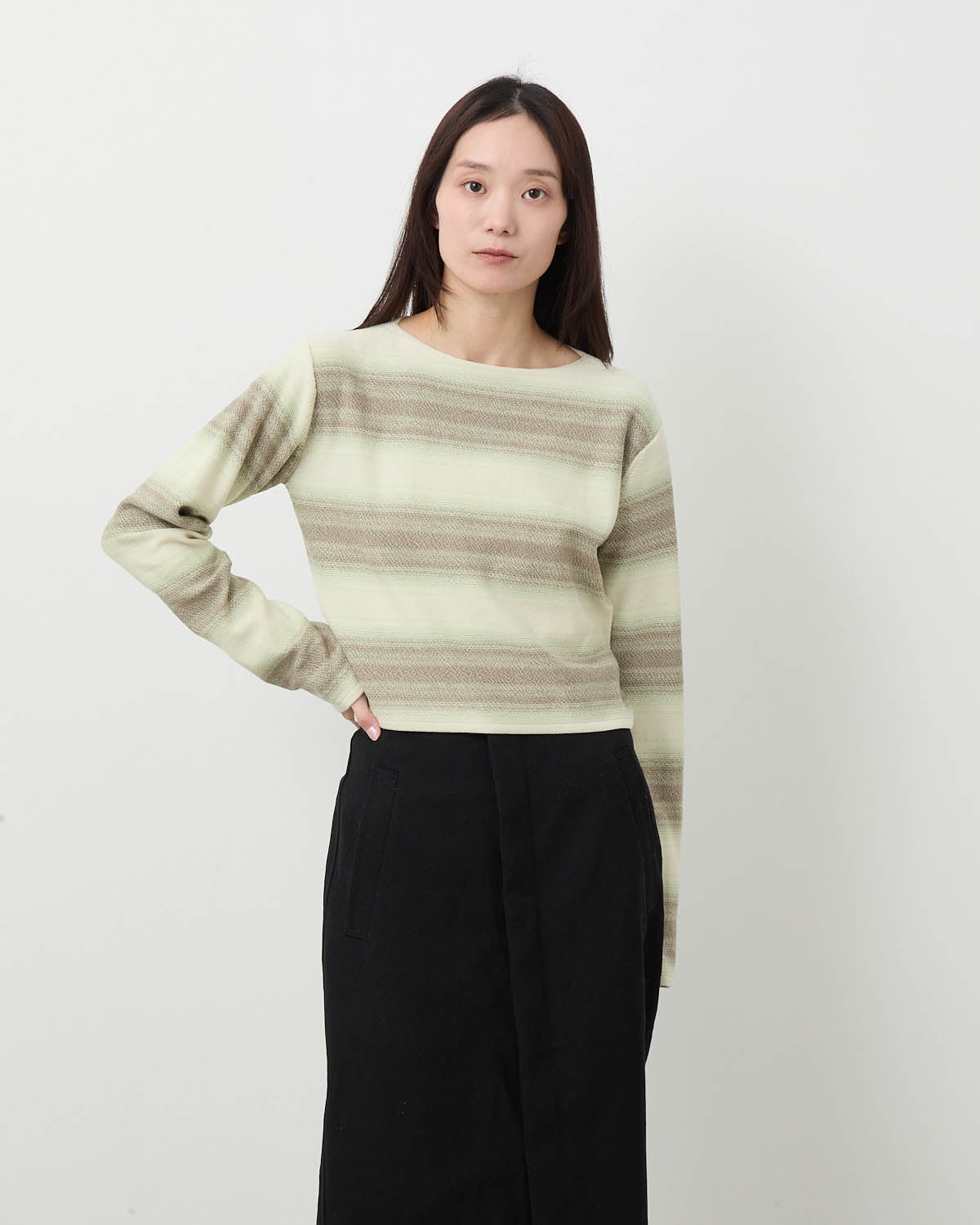 COTTON SILK GRADIENT STRIPE KNIT BOAT NECK P/O
