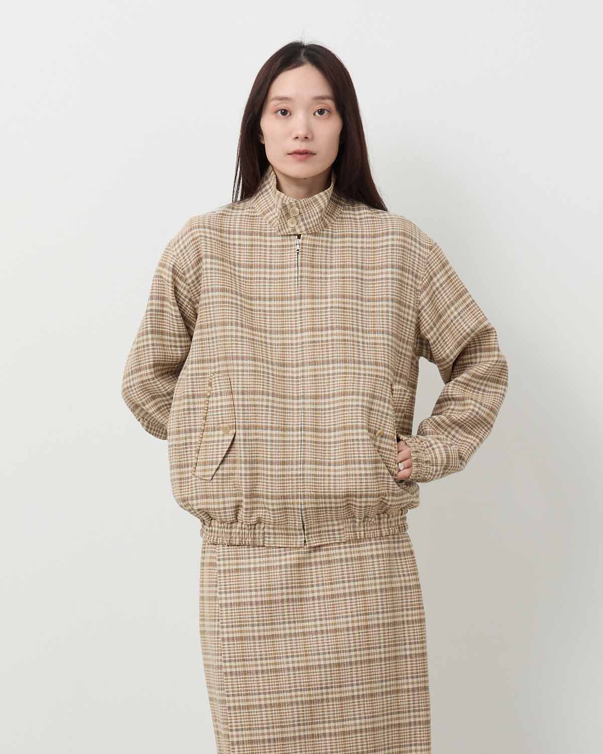 SILK LINEN NEP CHECK ZIP BLOUSON (WOMEN'S)