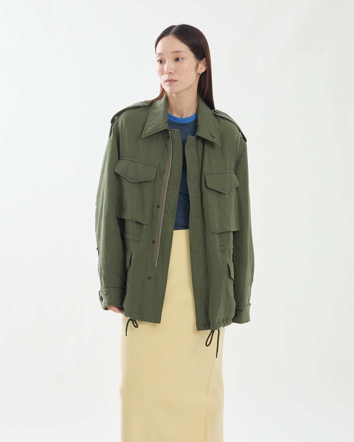 BRUSHED SILK LINEN SATIN PADDED MILITARY BLOUSON (WOMEN'S)