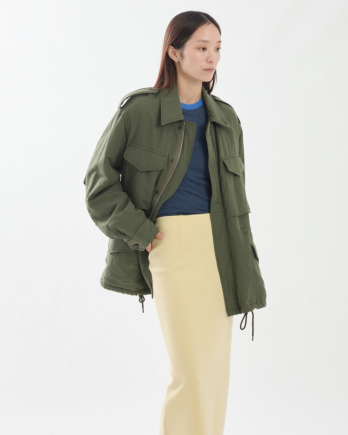 BRUSHED SILK LINEN SATIN PADDED MILITARY BLOUSON (WOMEN'S)