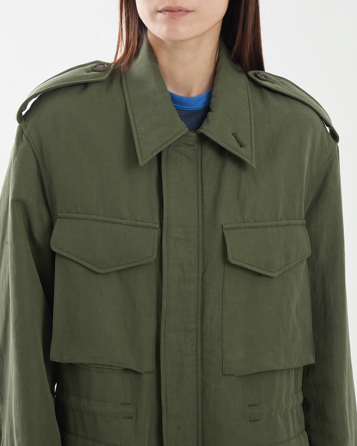 BRUSHED SILK LINEN SATIN PADDED MILITARY BLOUSON (WOMEN'S)