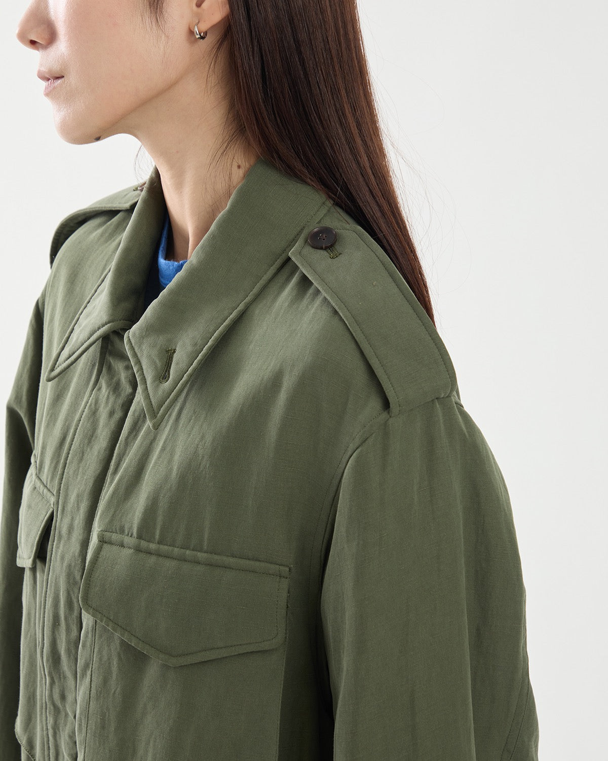 BRUSHED SILK LINEN SATIN PADDED MILITARY BLOUSON (WOMEN'S)