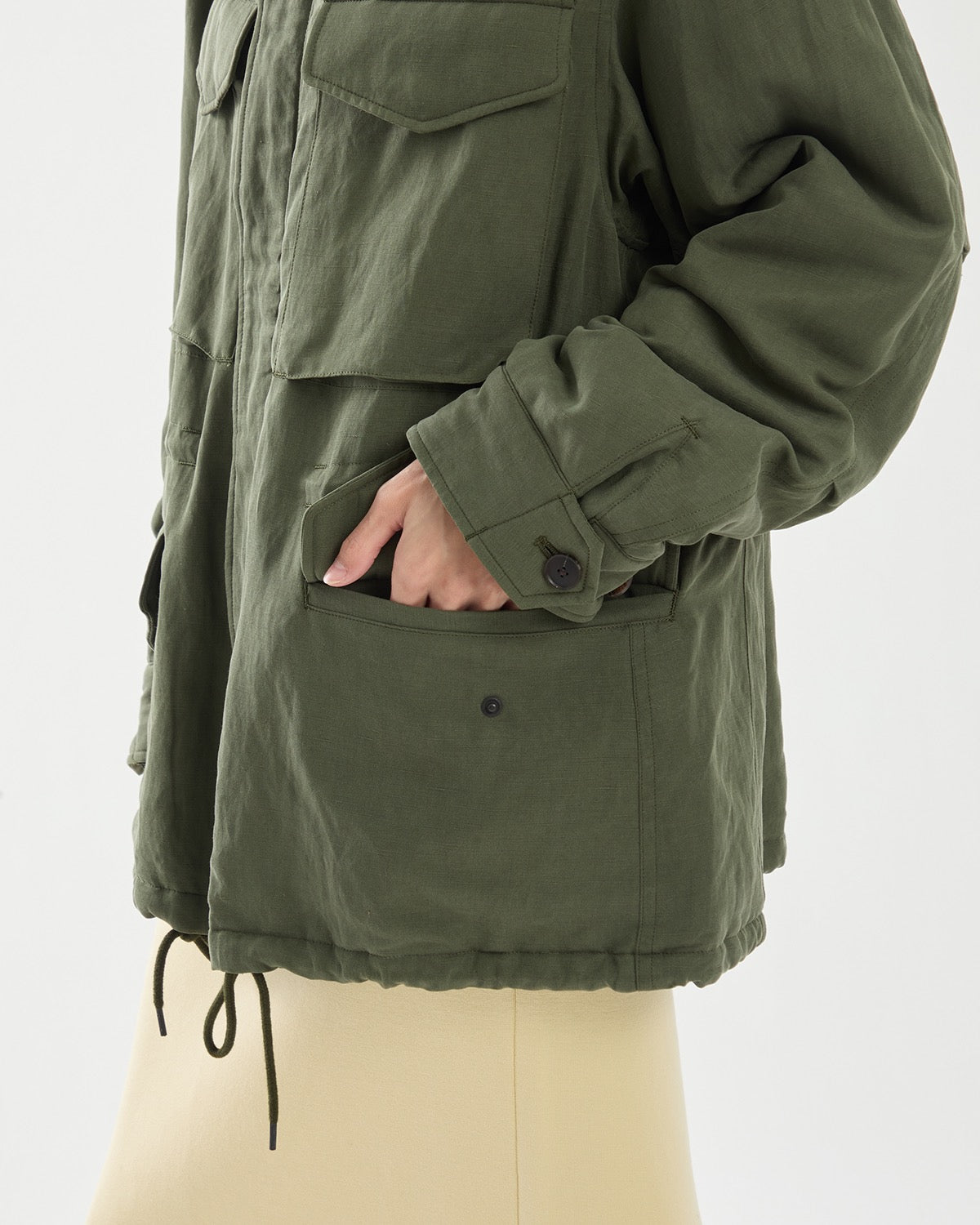 BRUSHED SILK LINEN SATIN PADDED MILITARY BLOUSON (WOMEN'S)