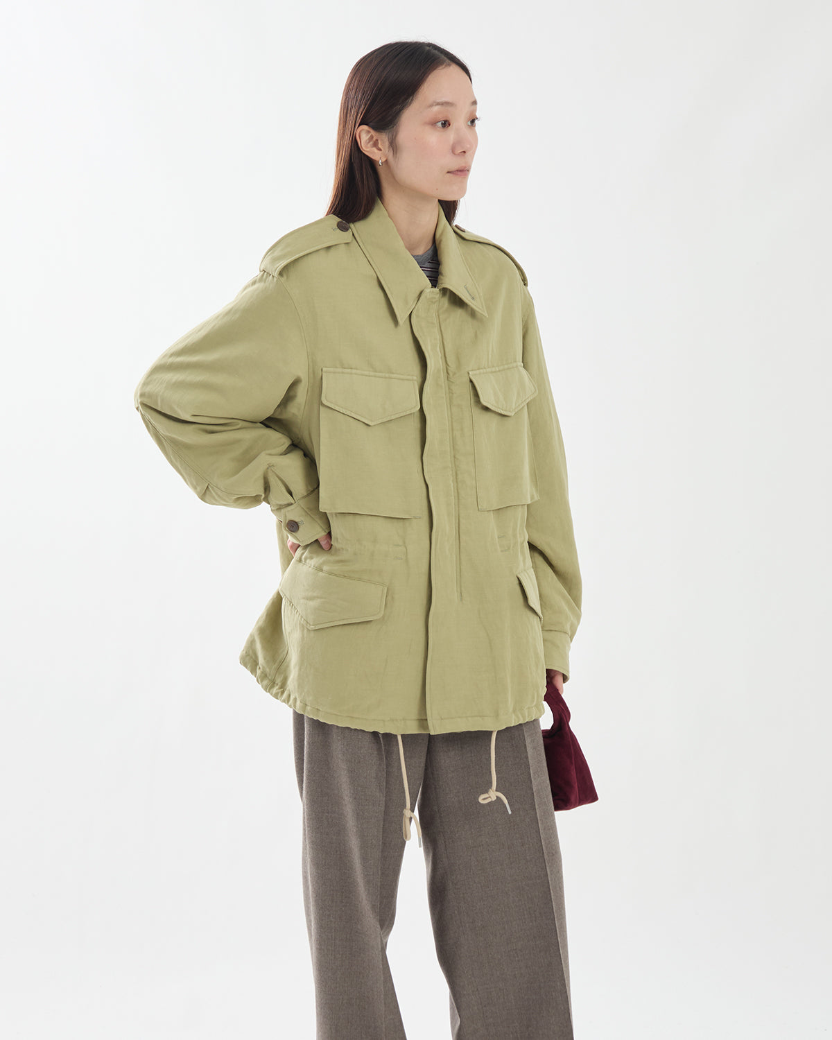 BRUSHED SILK LINEN SATIN PADDED MILITARY BLOUSON (WOMEN'S)