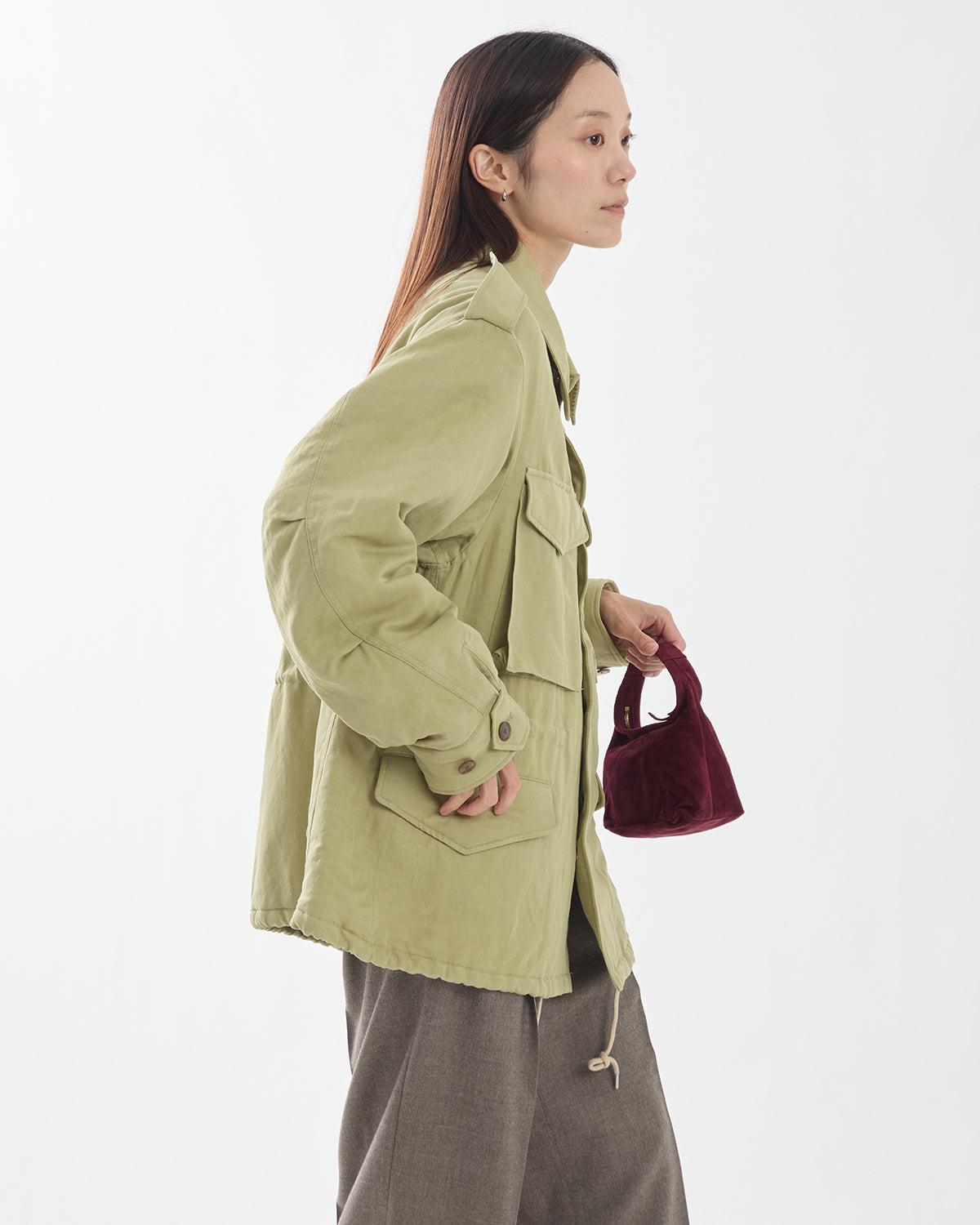 BRUSHED SILK LINEN SATIN PADDED MILITARY BLOUSON (WOMEN'S)