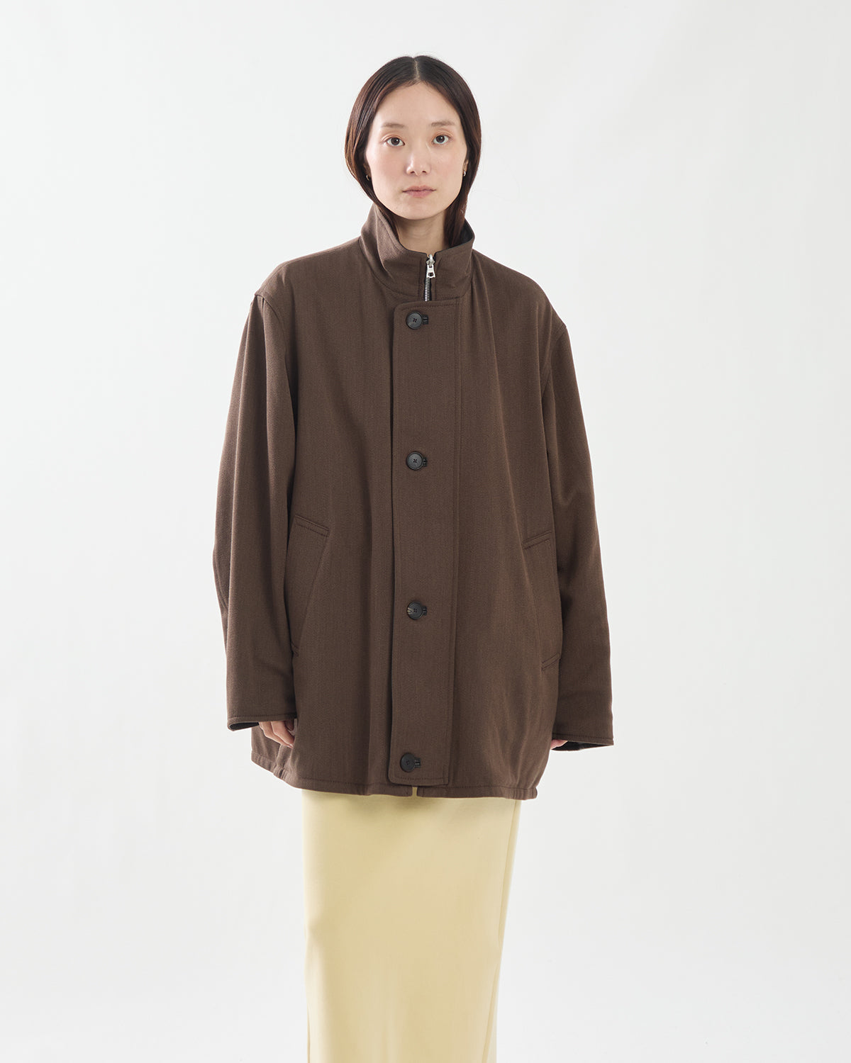 REVERSIBLE WOOL TWISTED TWILL / SHEEP LEATHER HALF COAT