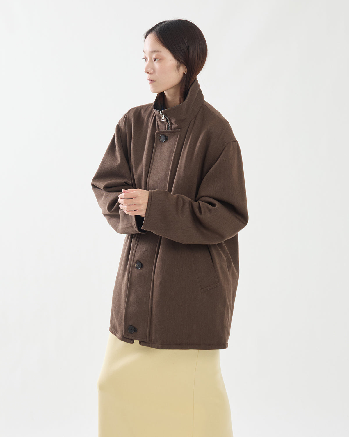 REVERSIBLE WOOL TWISTED TWILL / SHEEP LEATHER HALF COAT