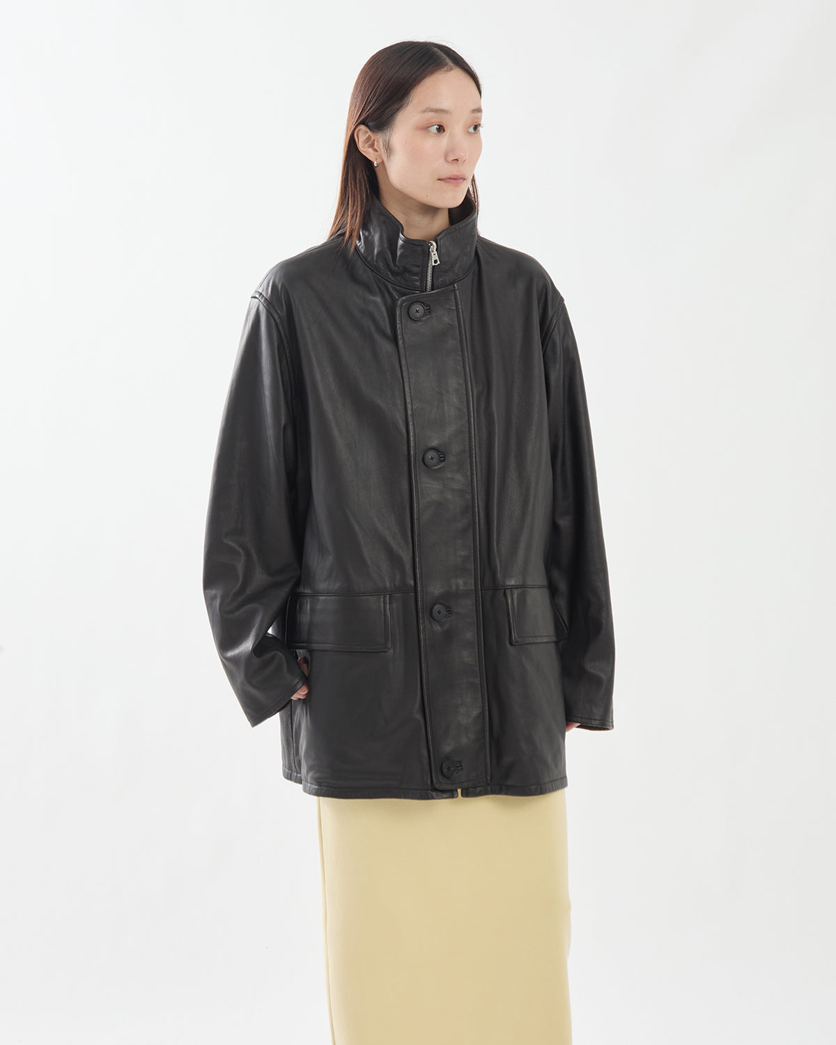 REVERSIBLE WOOL TWISTED TWILL / SHEEP LEATHER HALF COAT
