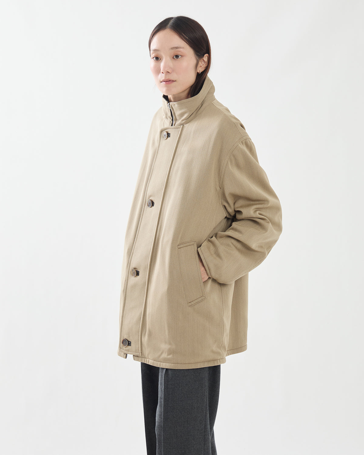 REVERSIBLE WOOL TWISTED TWILL / SHEEP LEATHER HALF COAT