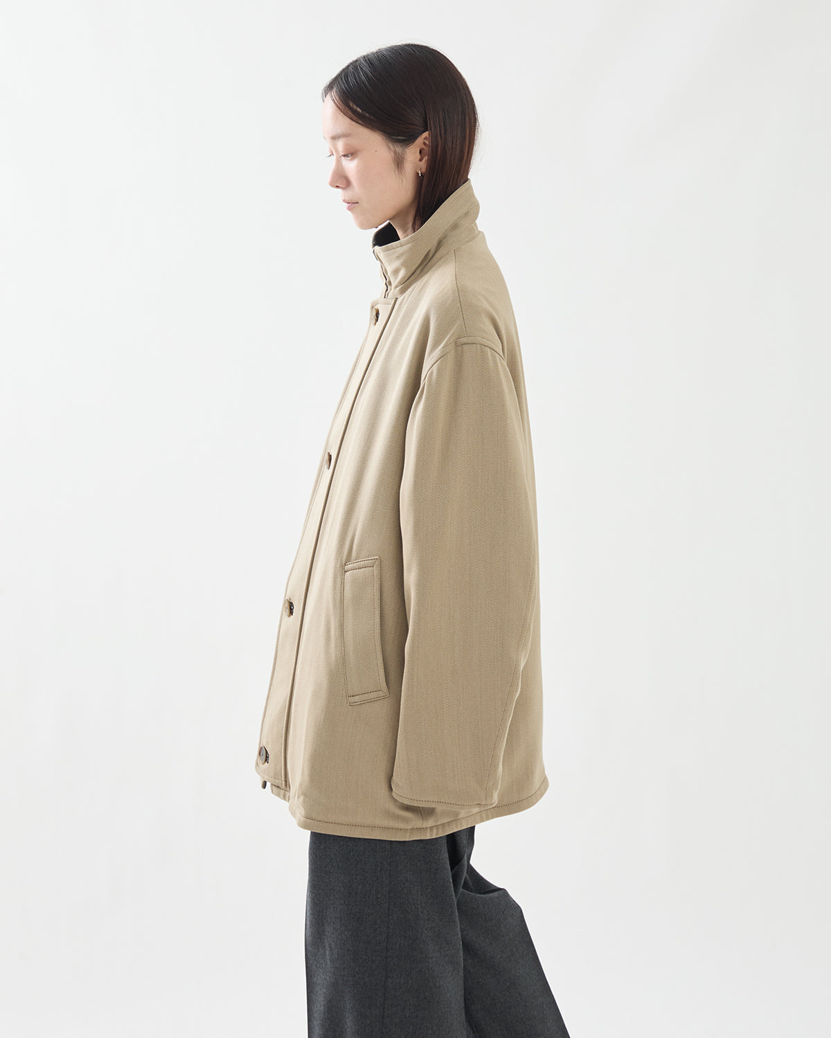 REVERSIBLE WOOL TWISTED TWILL / SHEEP LEATHER HALF COAT