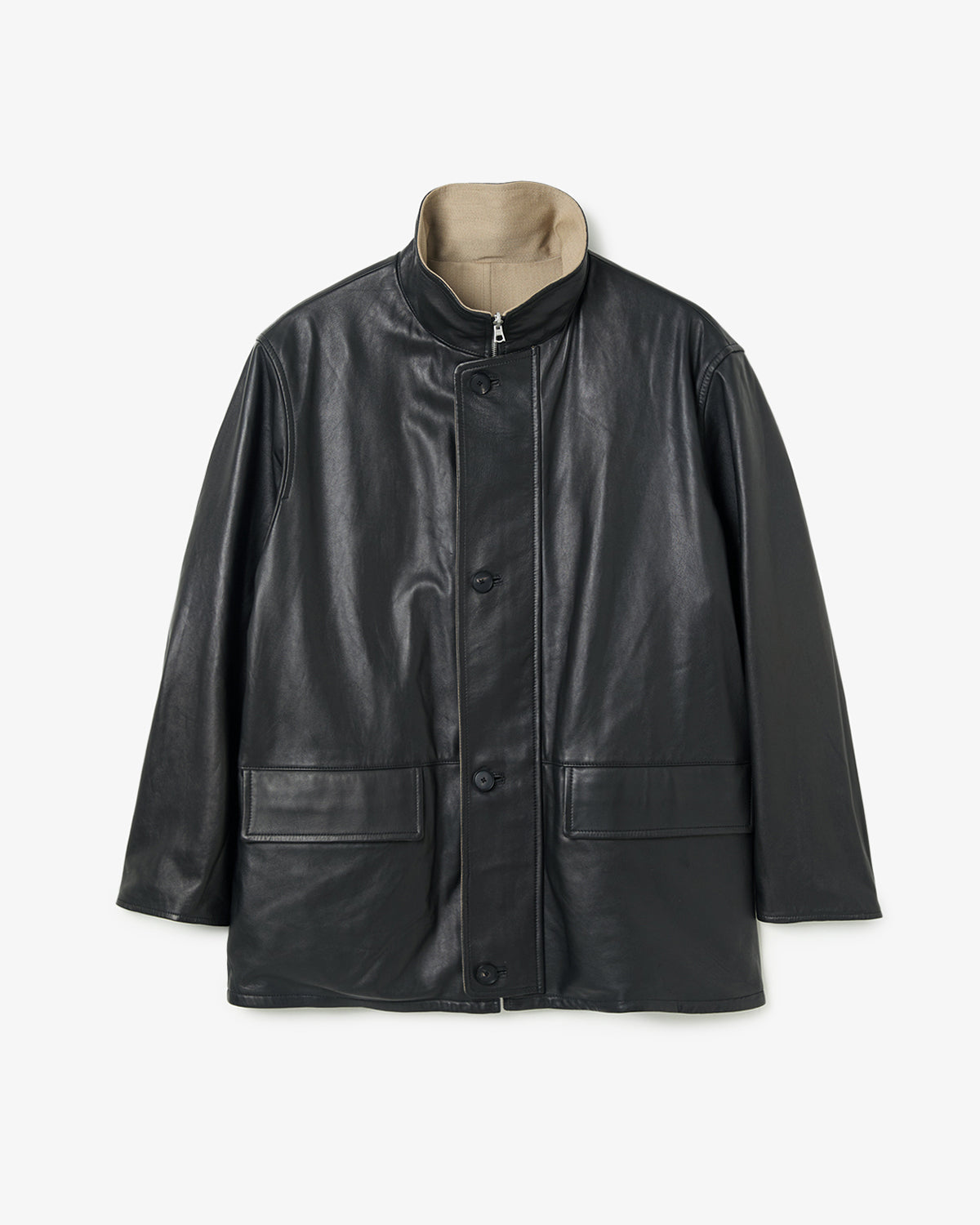 REVERSIBLE WOOL TWISTED TWILL / SHEEP LEATHER HALF COAT