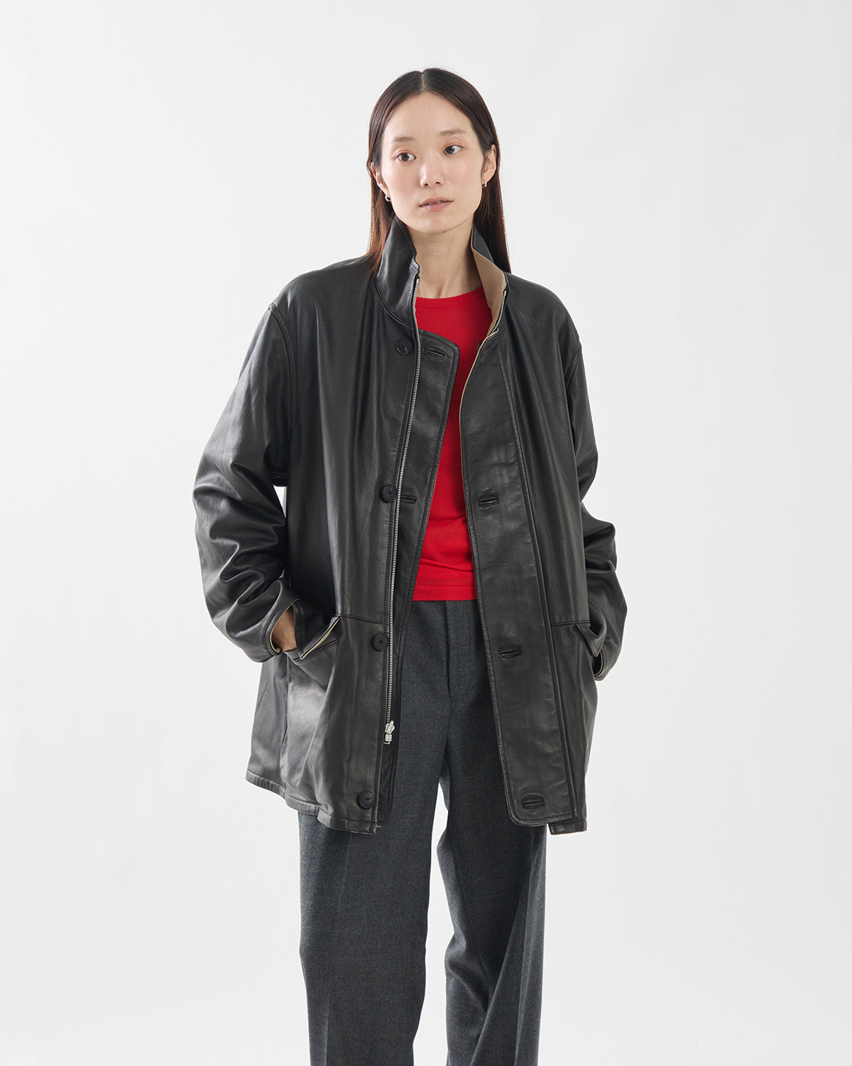 REVERSIBLE WOOL TWISTED TWILL / SHEEP LEATHER HALF COAT