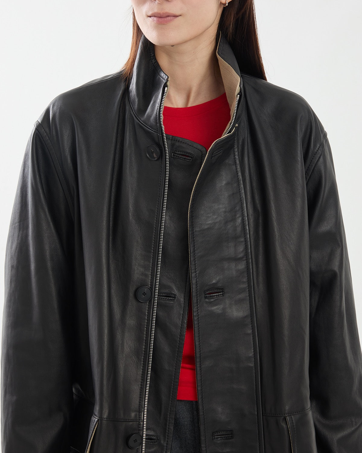 REVERSIBLE WOOL TWISTED TWILL / SHEEP LEATHER HALF COAT