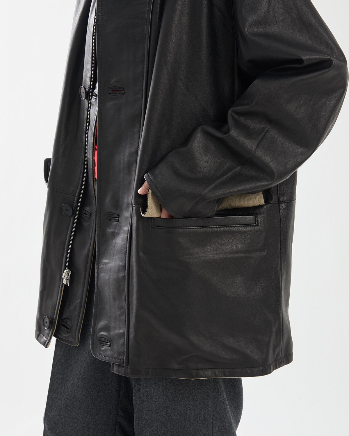 REVERSIBLE WOOL TWISTED TWILL / SHEEP LEATHER HALF COAT