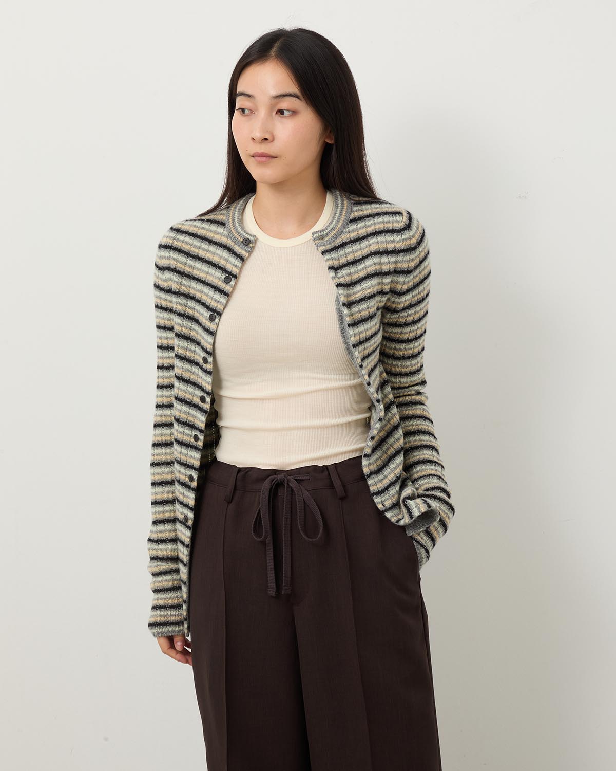 SHETLAND WOOL CASHMERE RIB KNIT CREW-NECK CARDIGAN