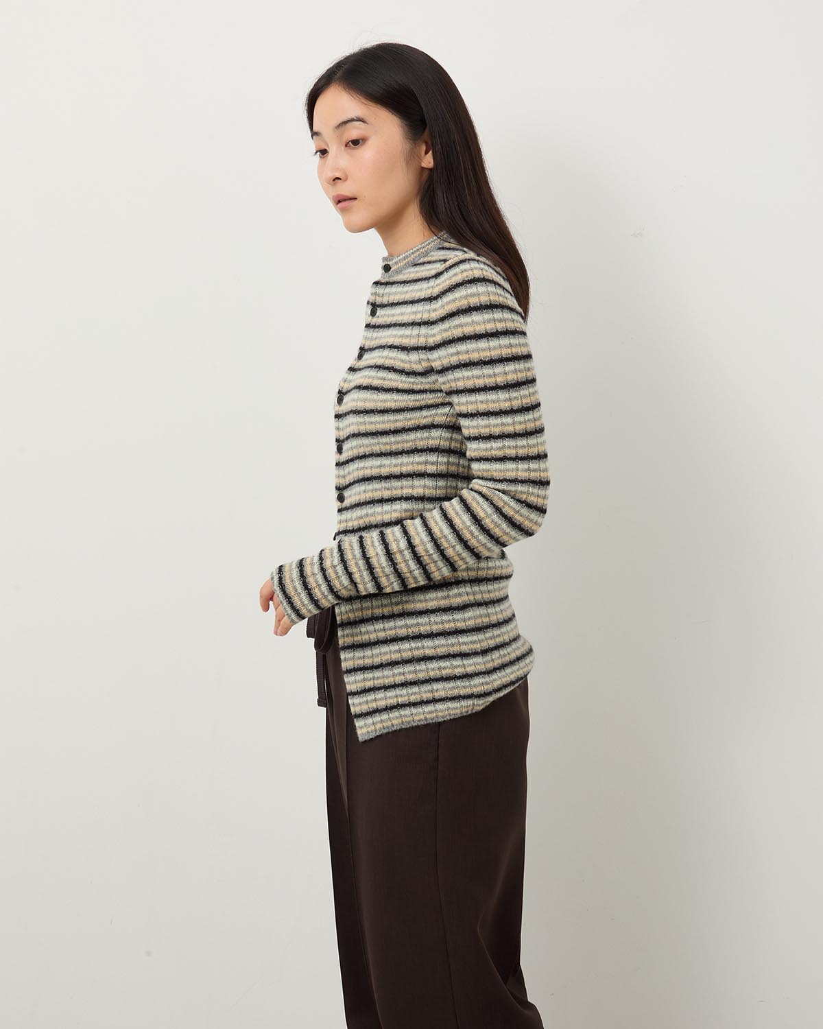 SHETLAND WOOL CASHMERE RIB KNIT CREW-NECK CARDIGAN