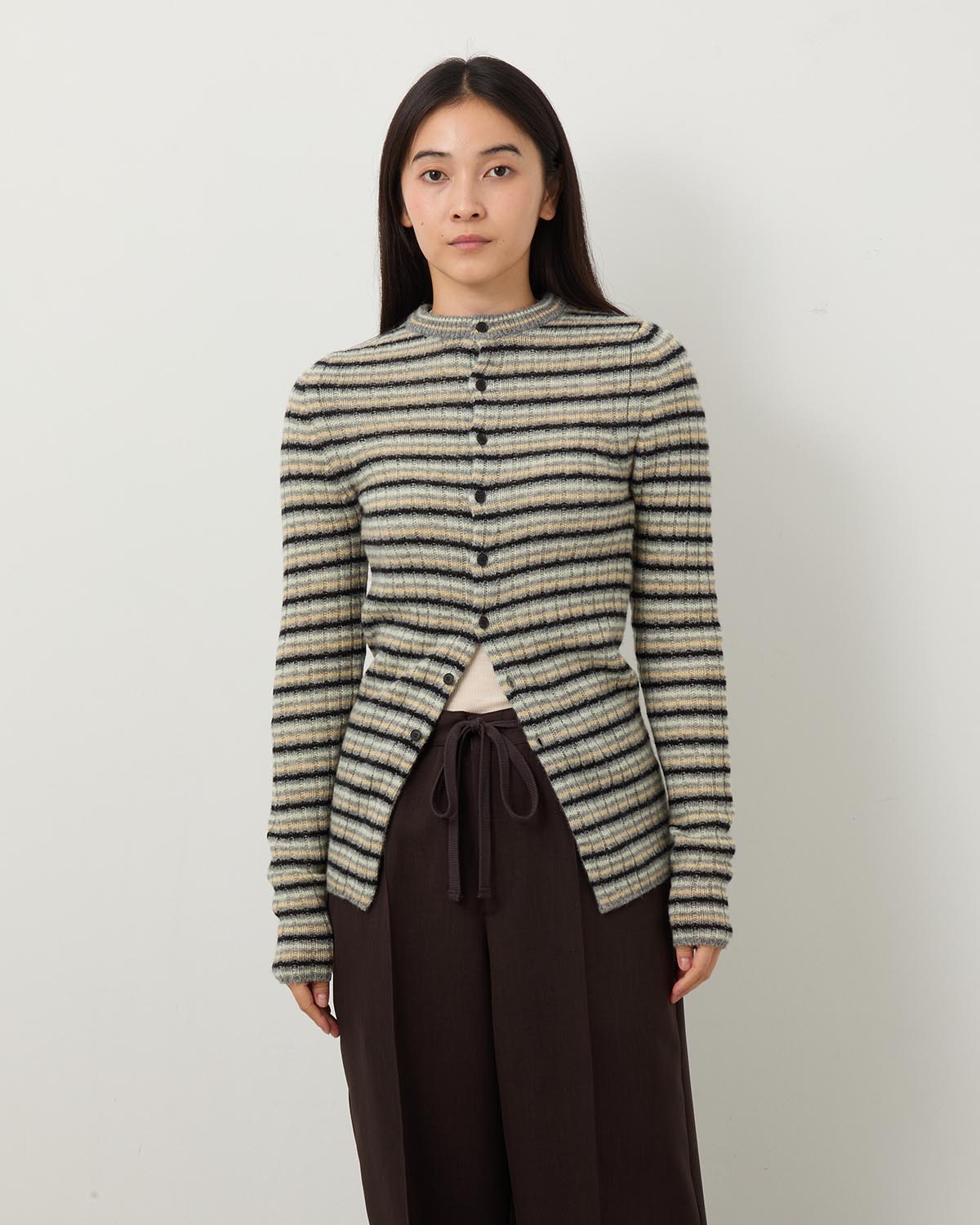 SHETLAND WOOL CASHMERE RIB KNIT CREW-NECK CARDIGAN