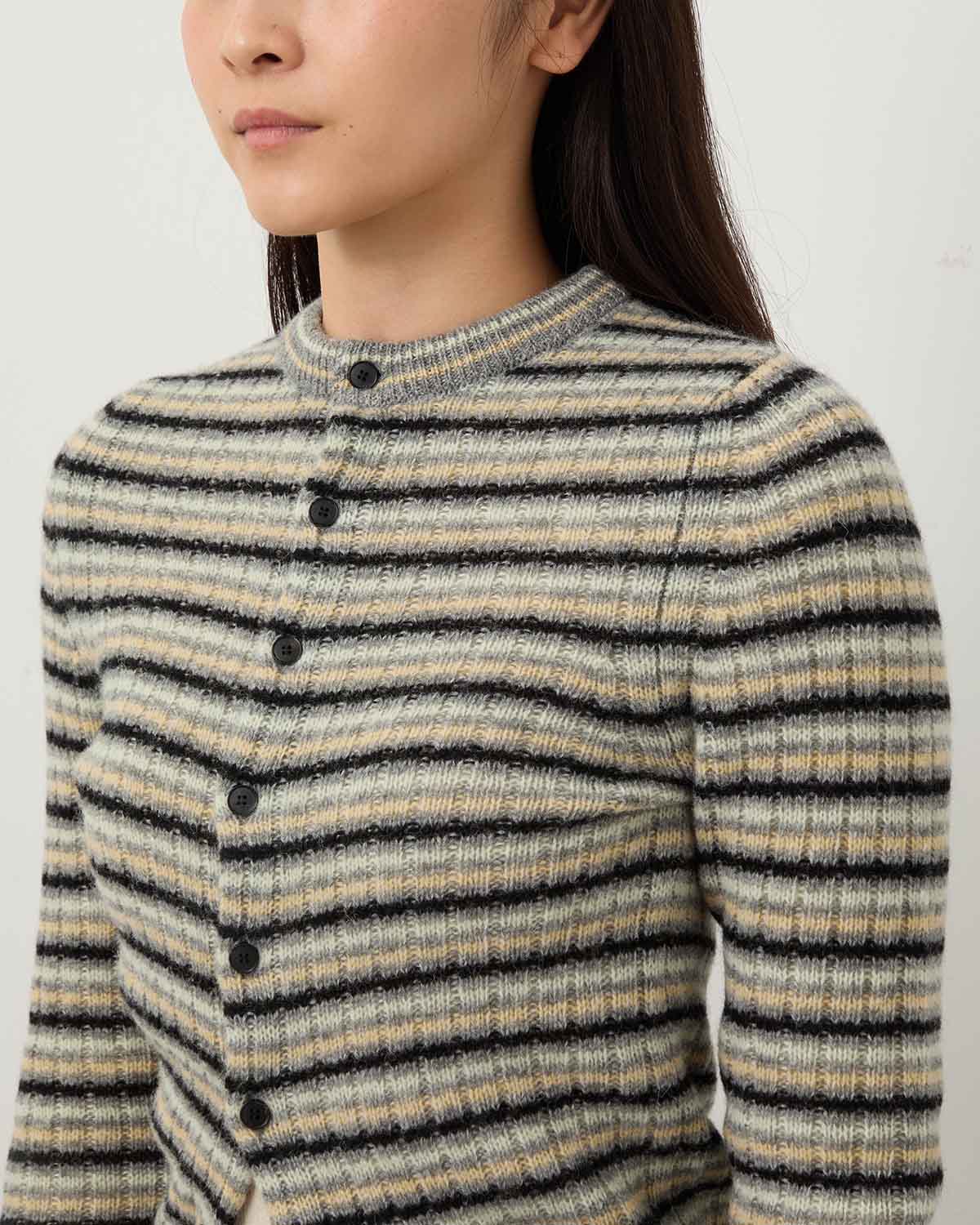 SHETLAND WOOL CASHMERE RIB KNIT CREW-NECK CARDIGAN