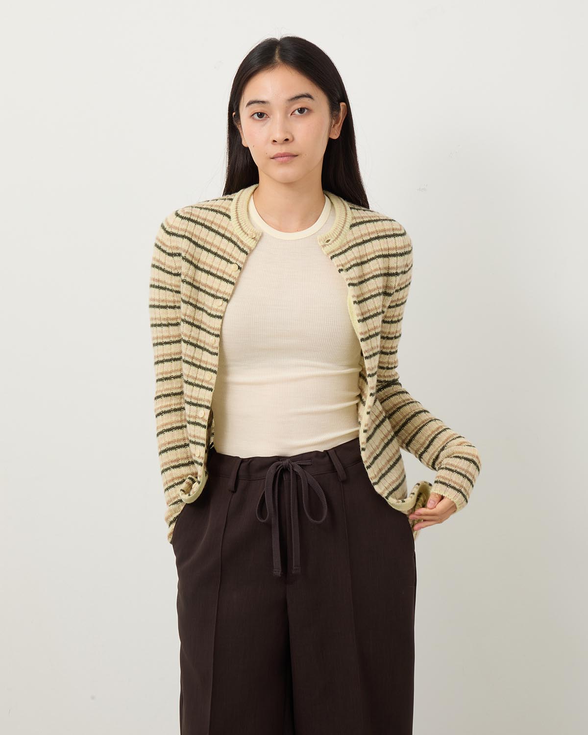 SHETLAND WOOL CASHMERE RIB KNIT CREW-NECK CARDIGAN