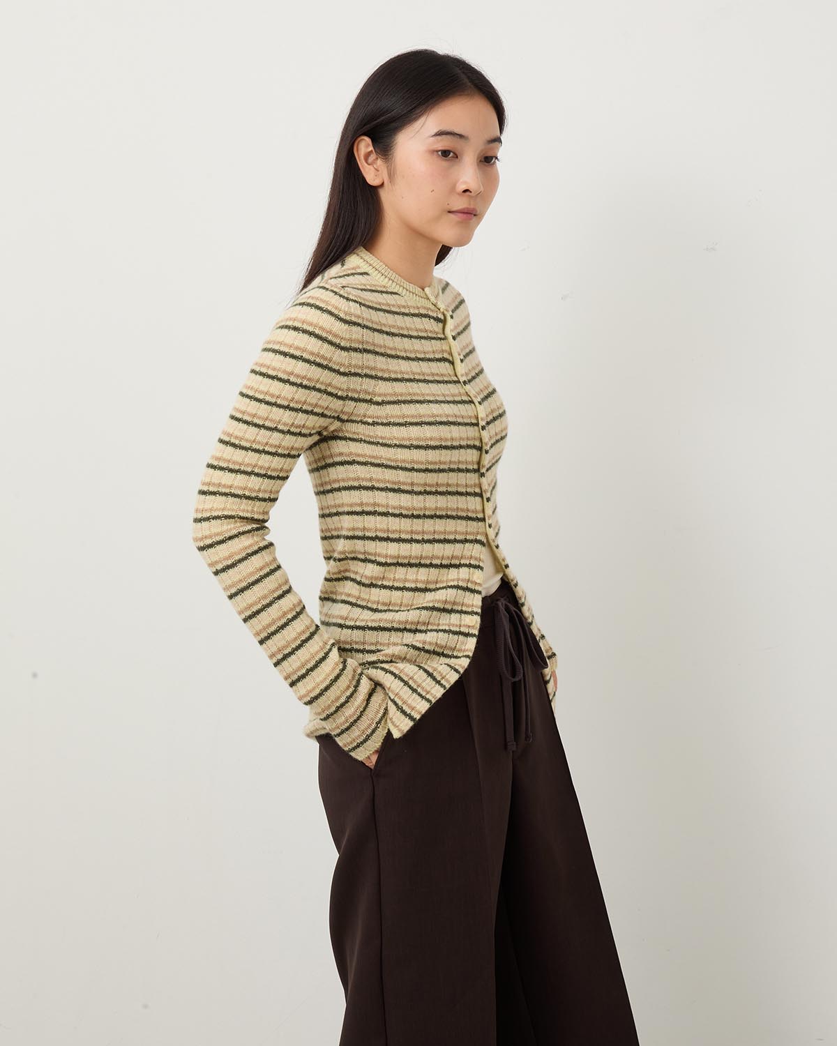 SHETLAND WOOL CASHMERE RIB KNIT CREW-NECK CARDIGAN