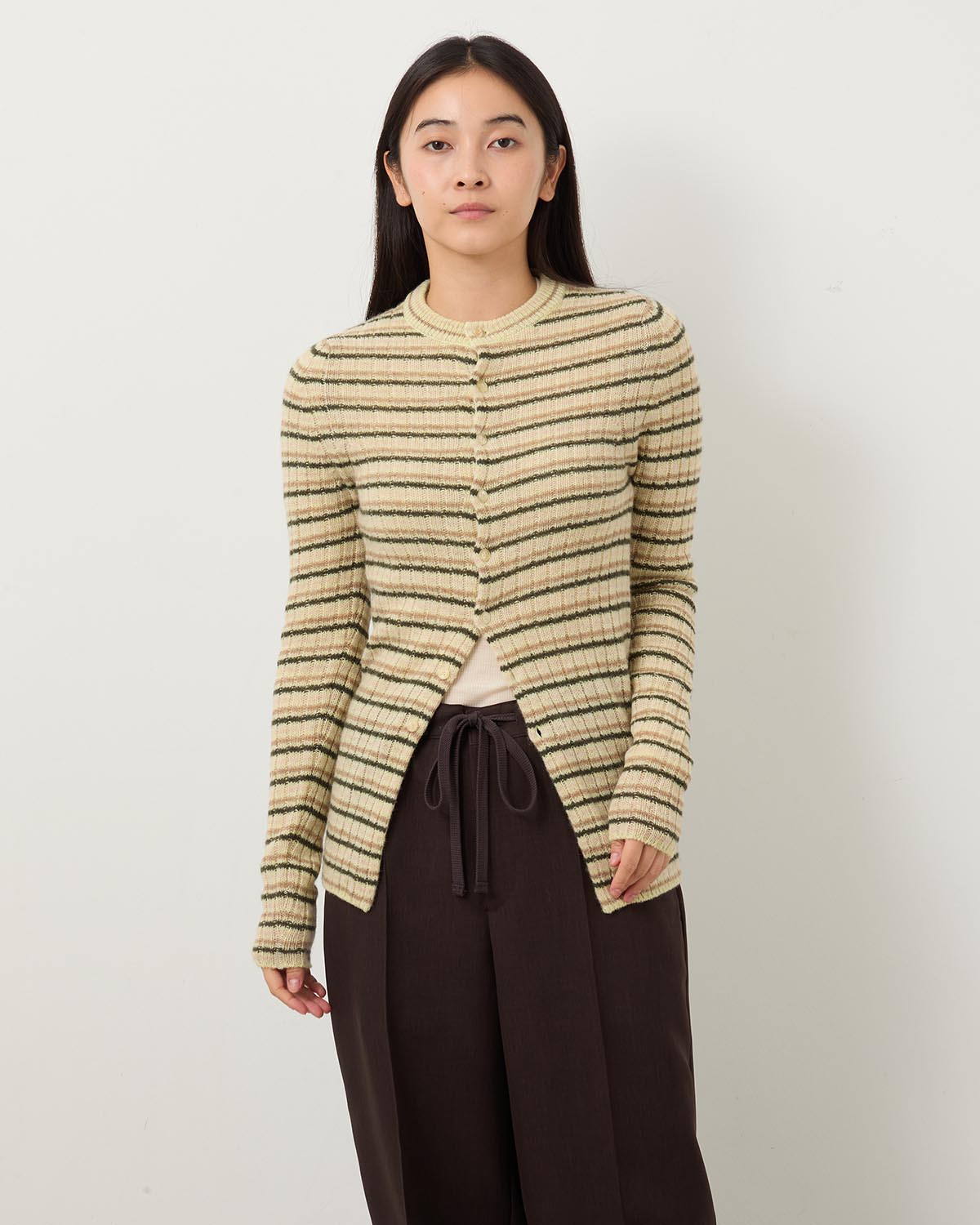 SHETLAND WOOL CASHMERE RIB KNIT CREW-NECK CARDIGAN