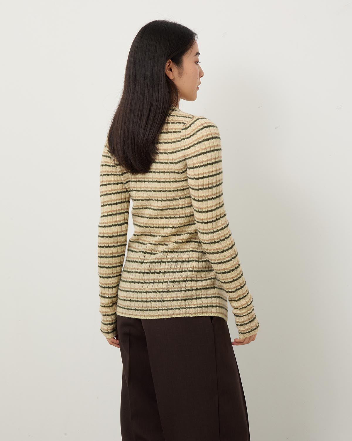 SHETLAND WOOL CASHMERE RIB KNIT CREW-NECK CARDIGAN