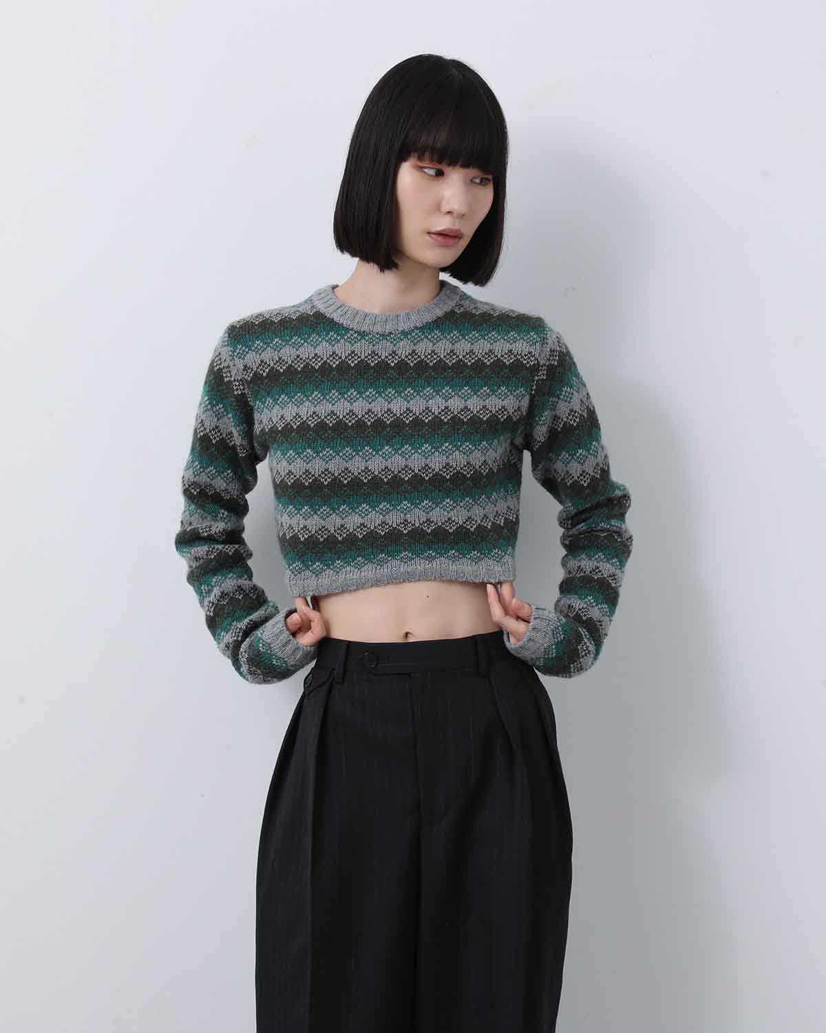 CASHMERE JACQUARD KNIT CROPPED P/O