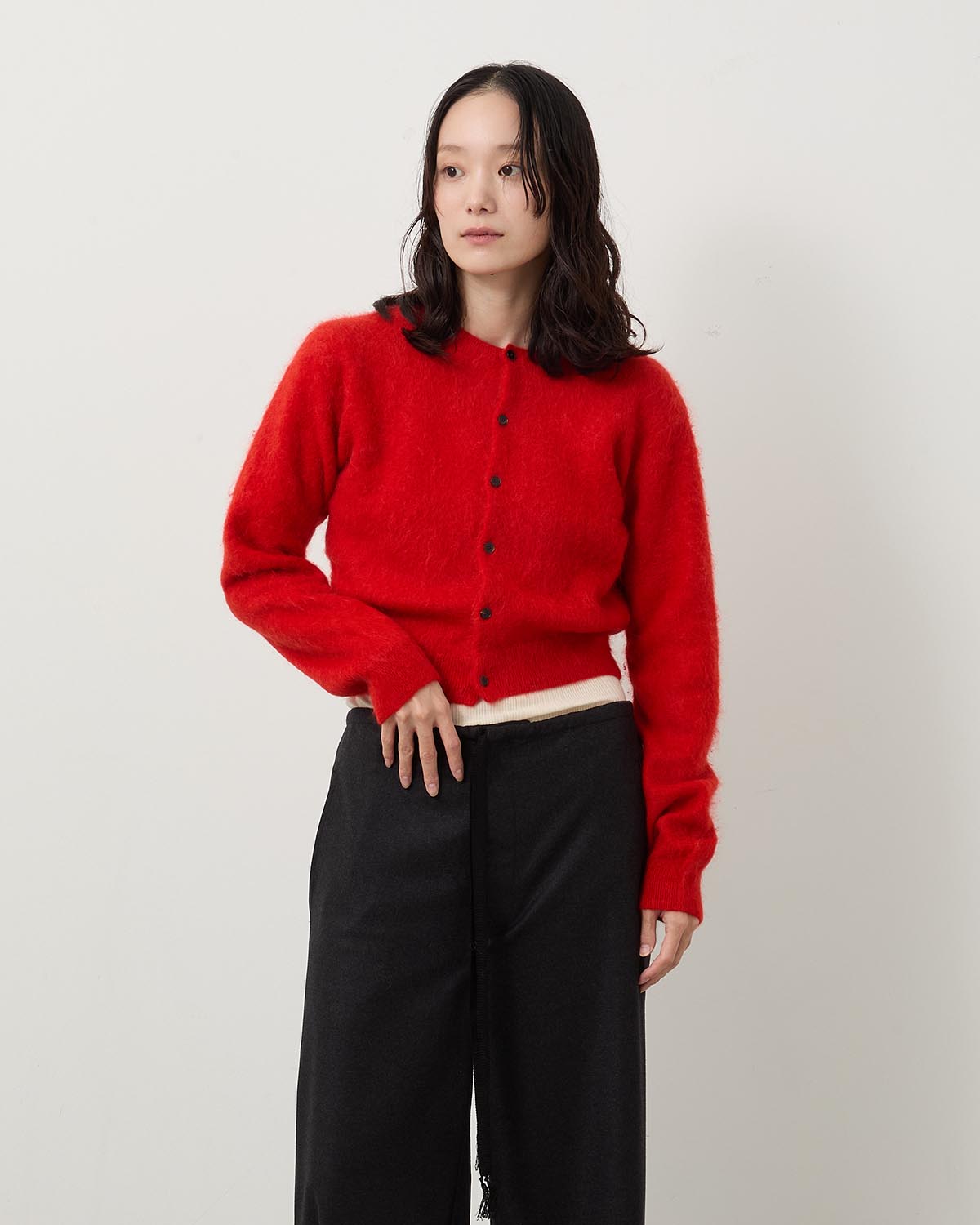 GARMENT-DYED BABY ALPACA FUR KNIT CREW-NECK CARDIGAN