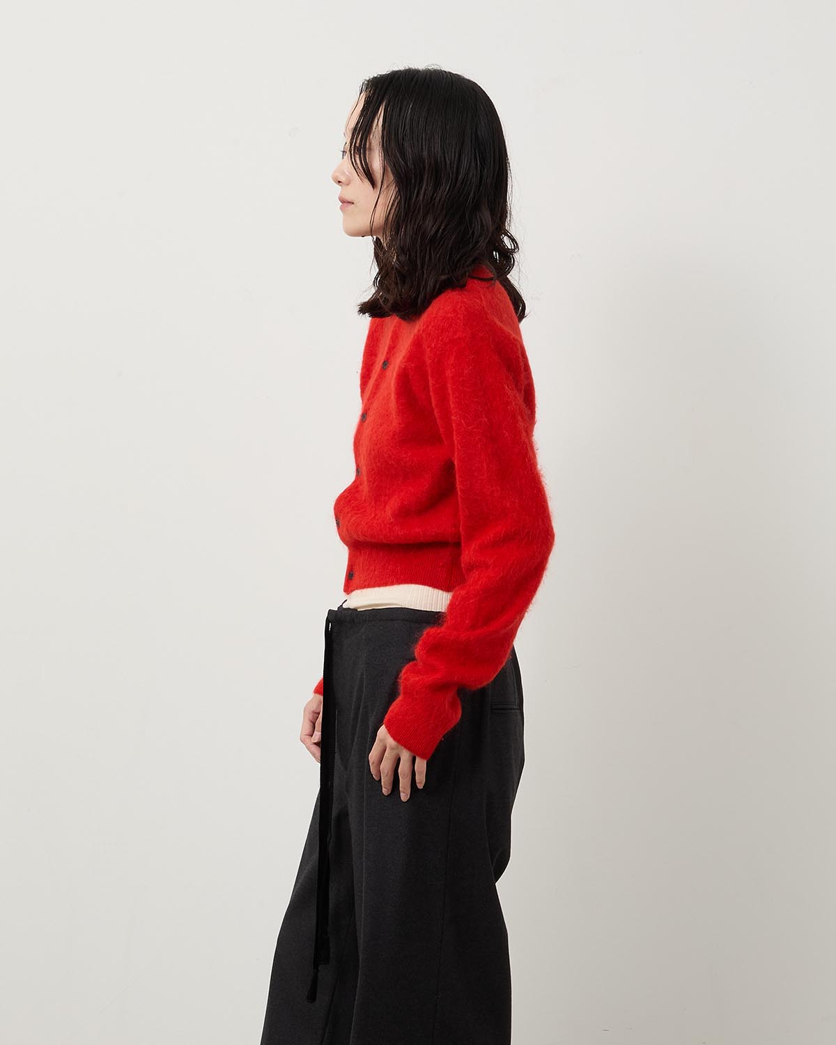 GARMENT-DYED BABY ALPACA FUR KNIT CREW-NECK CARDIGAN